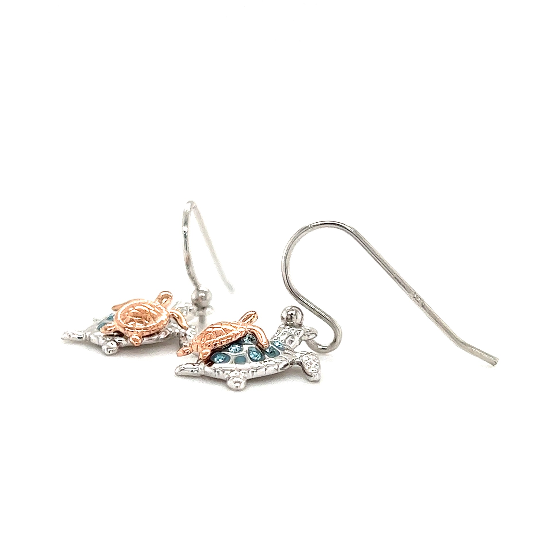 Sea Turtle Dangle Earrings with Rose Gold Accent in Sterling Silver Profile View