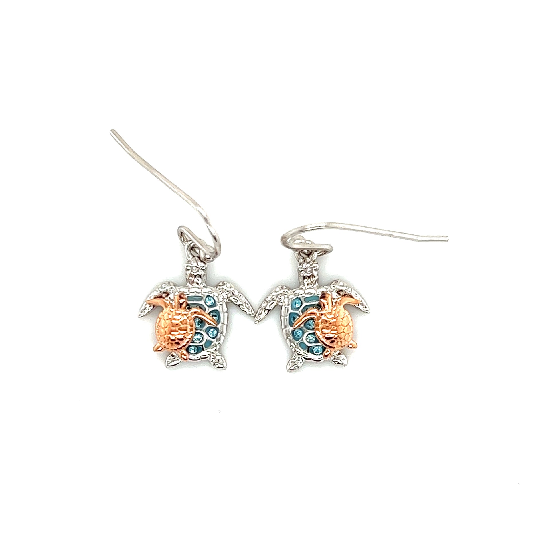 Sea Turtle Dangle Earrings with Rose Gold Accent in Sterling Silver Top View