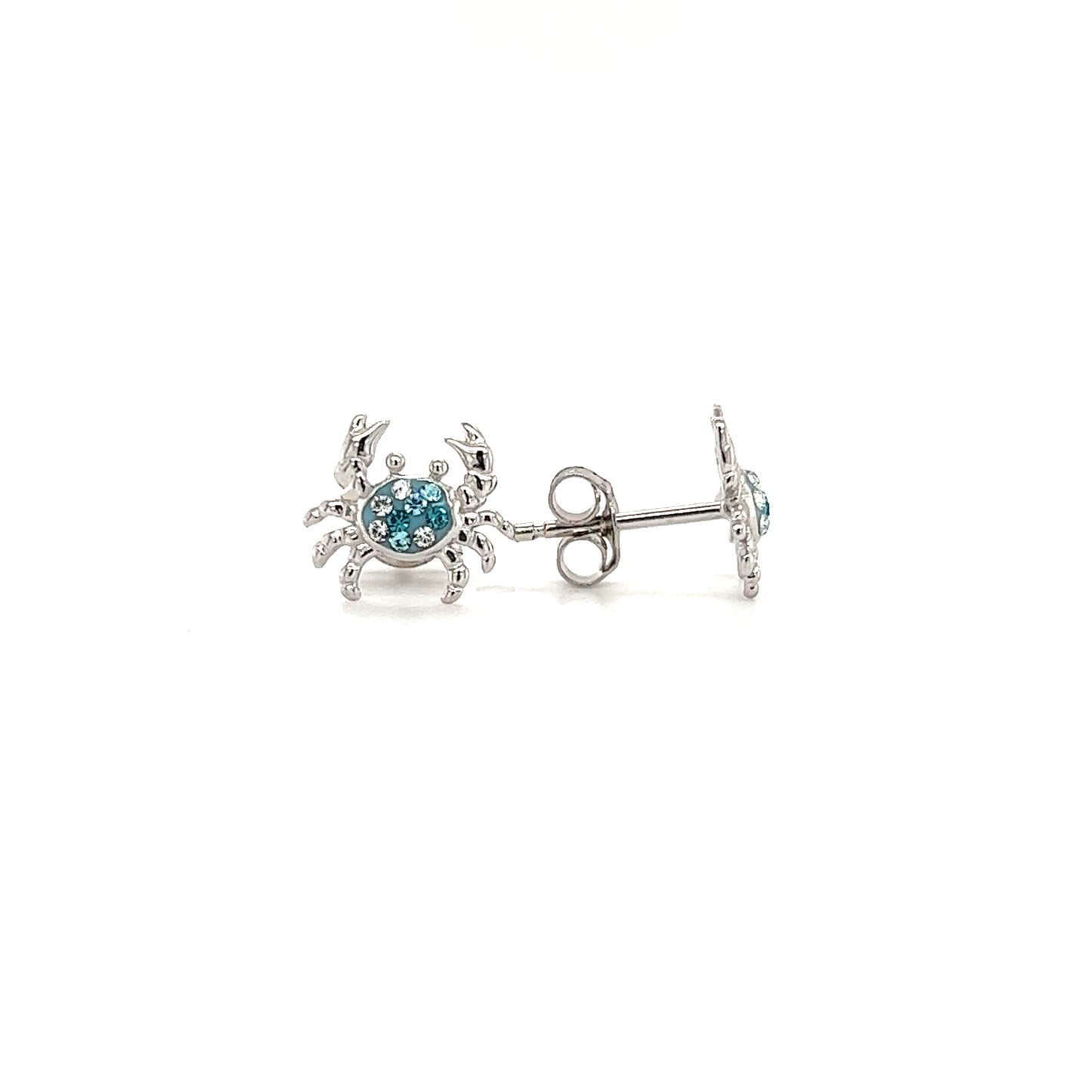 Blue Crab Stud Earrings with Aqua and White Crystals in Sterling Silver Front and Side View