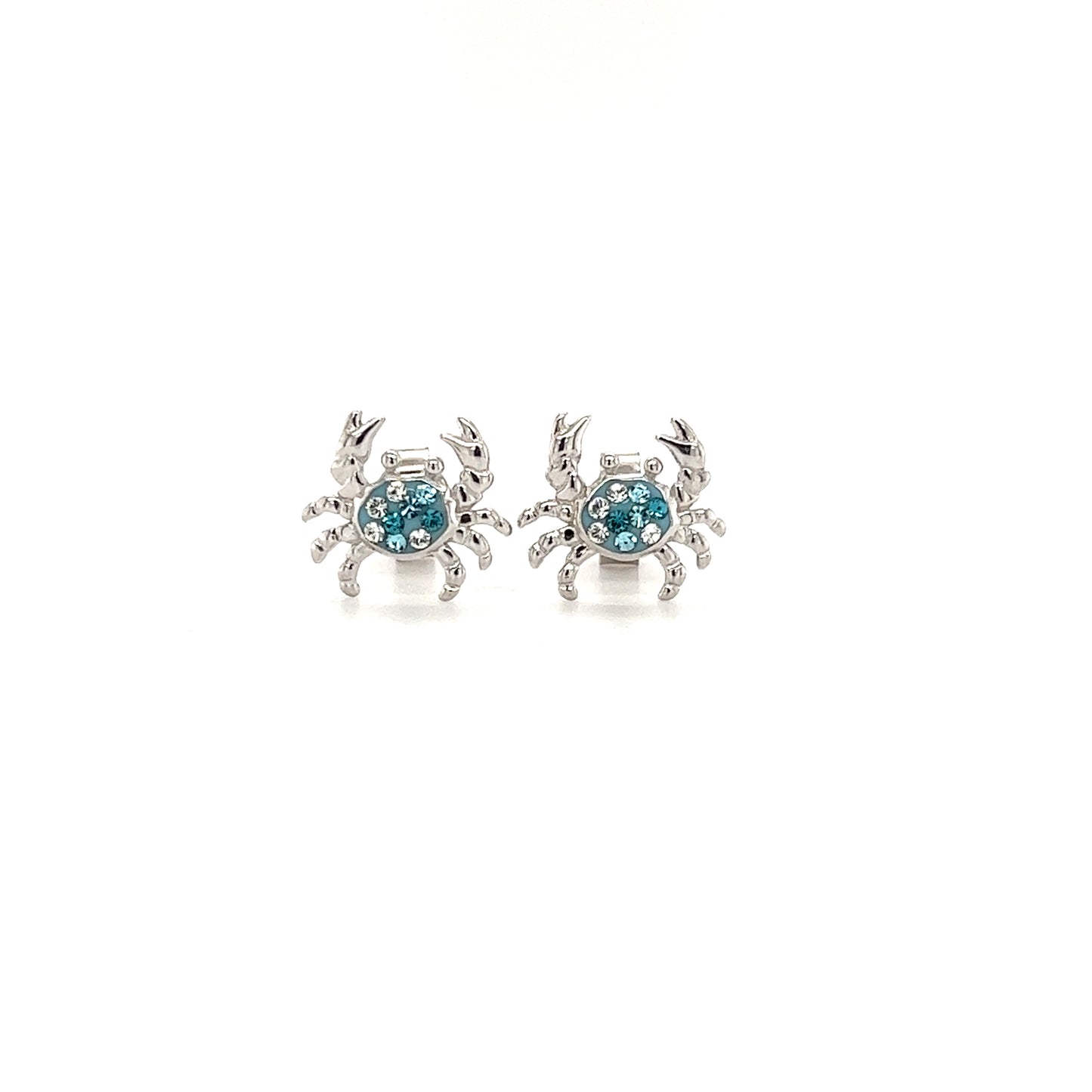 Blue Crab Stud Earrings with Aqua and White Crystals in Sterling Silver Front View
