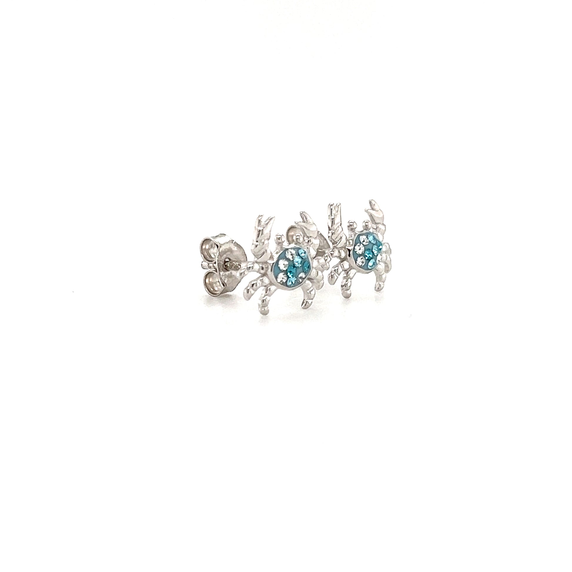 Blue Crab Stud Earrings with Aqua and White Crystals in Sterling Silver Left Side View