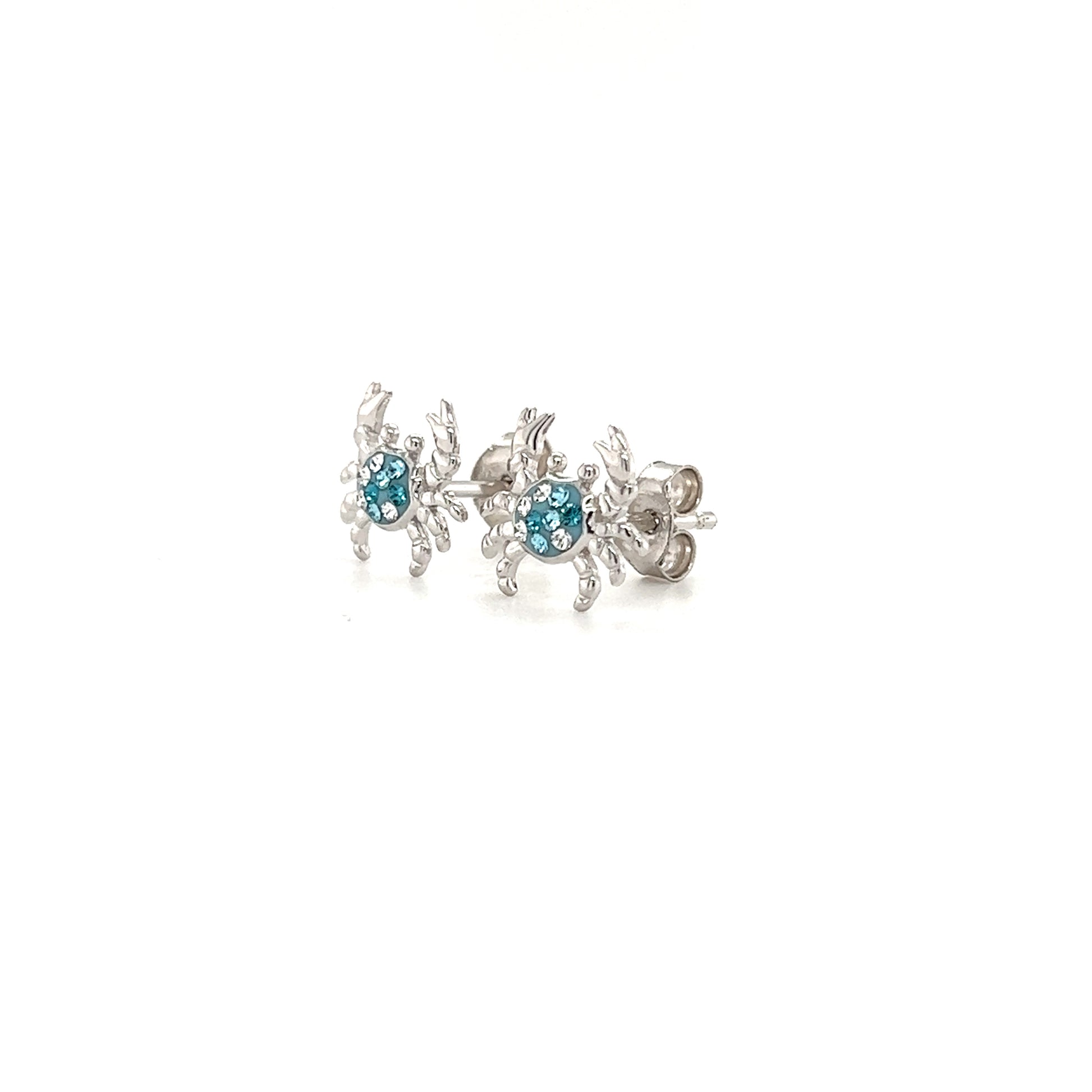 Blue Crab Stud Earrings with Aqua and White Crystals in Sterling Silver Right Side View