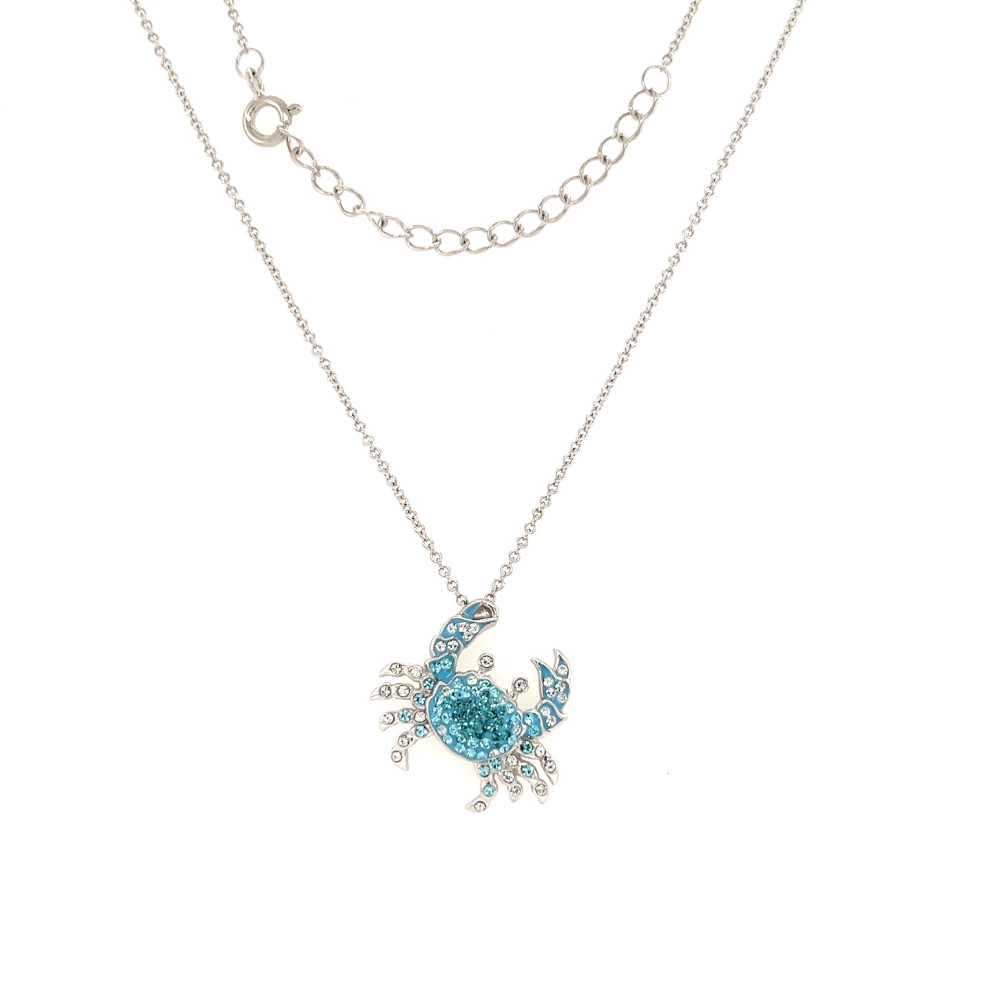 Blue Crab Necklace with Aqua and White Crystals in Sterling Silver Full Necklace View