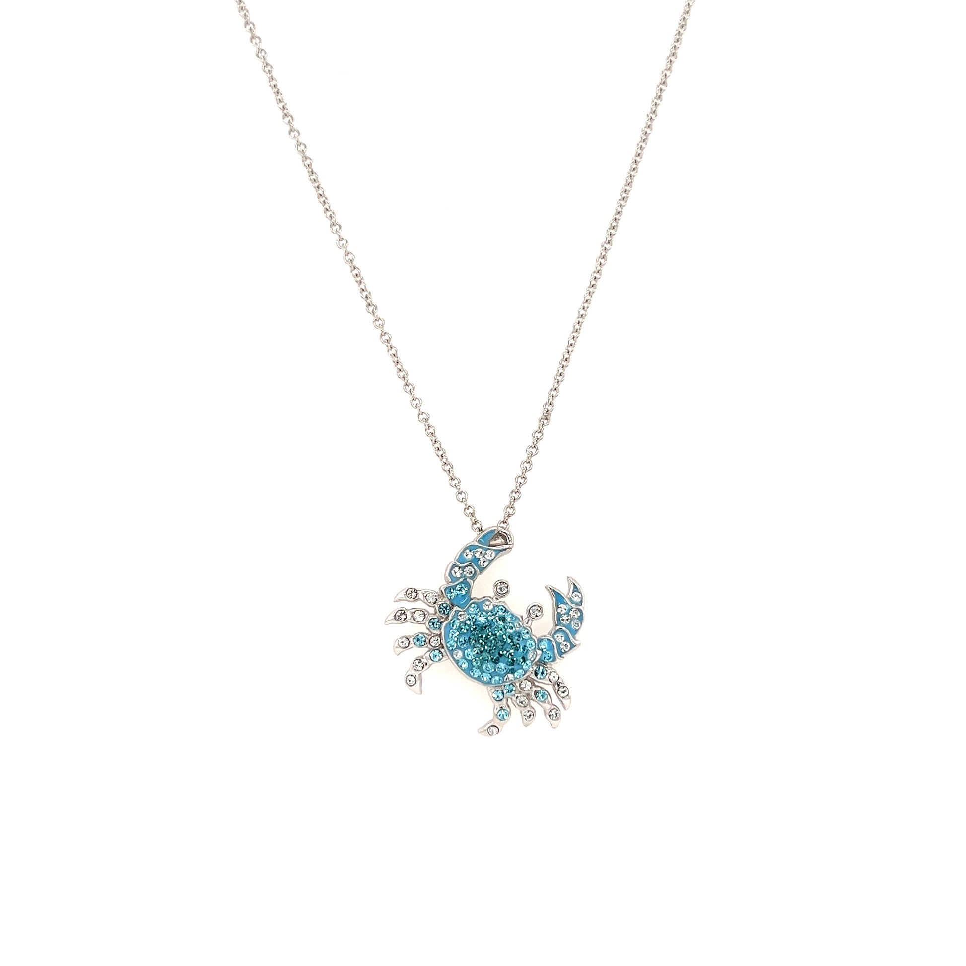 Blue Crab Necklace with Aqua and White Crystals in Sterling Silver Front View
