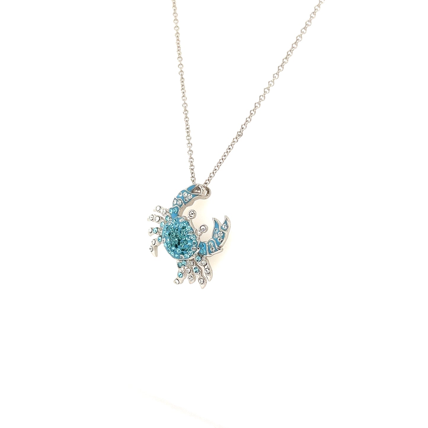 Blue Crab Necklace with Aqua and White Crystals in Sterling Silver Right Side View
