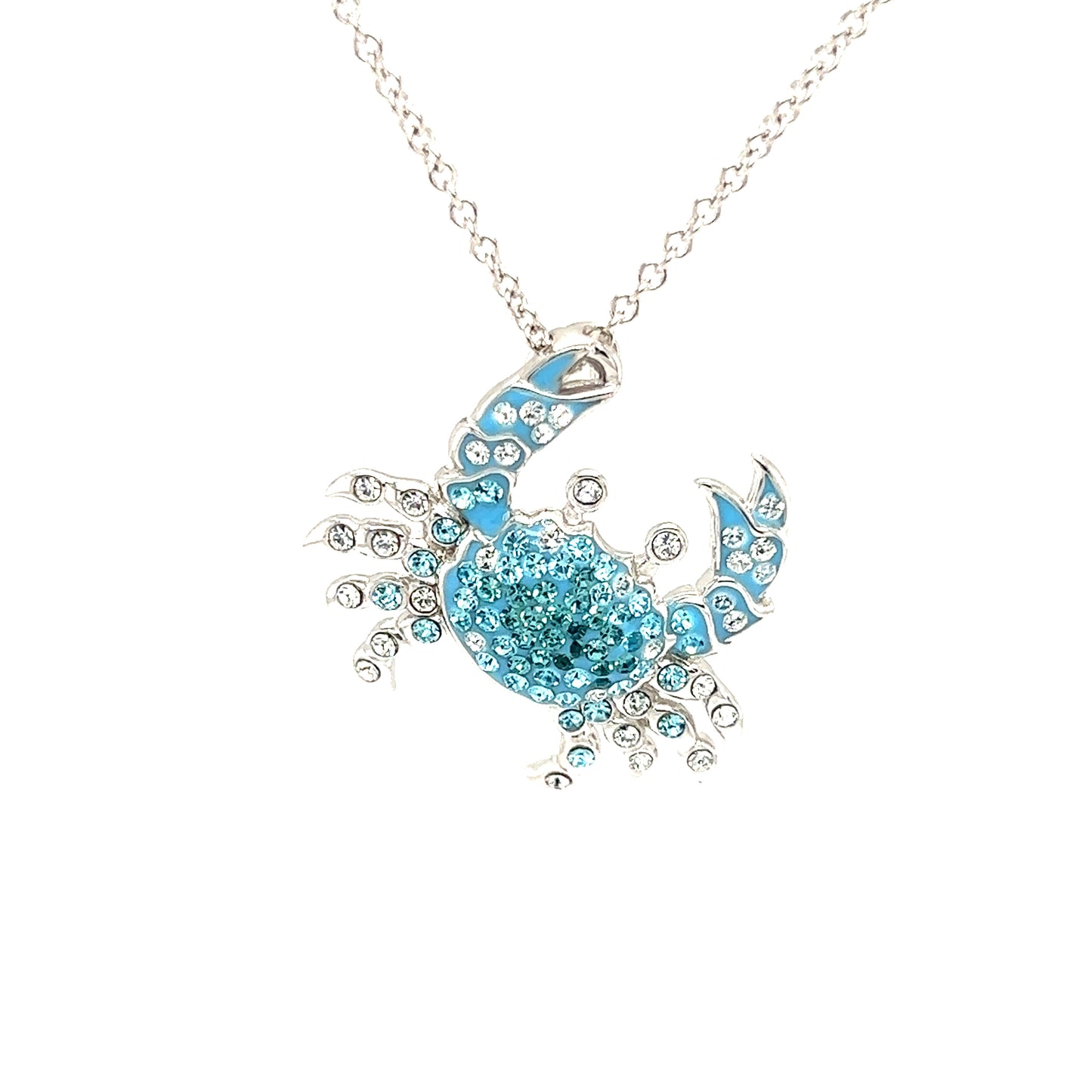 Blue Crab Necklace with Aqua and White Crystals in Sterling Silver Pendant Front View