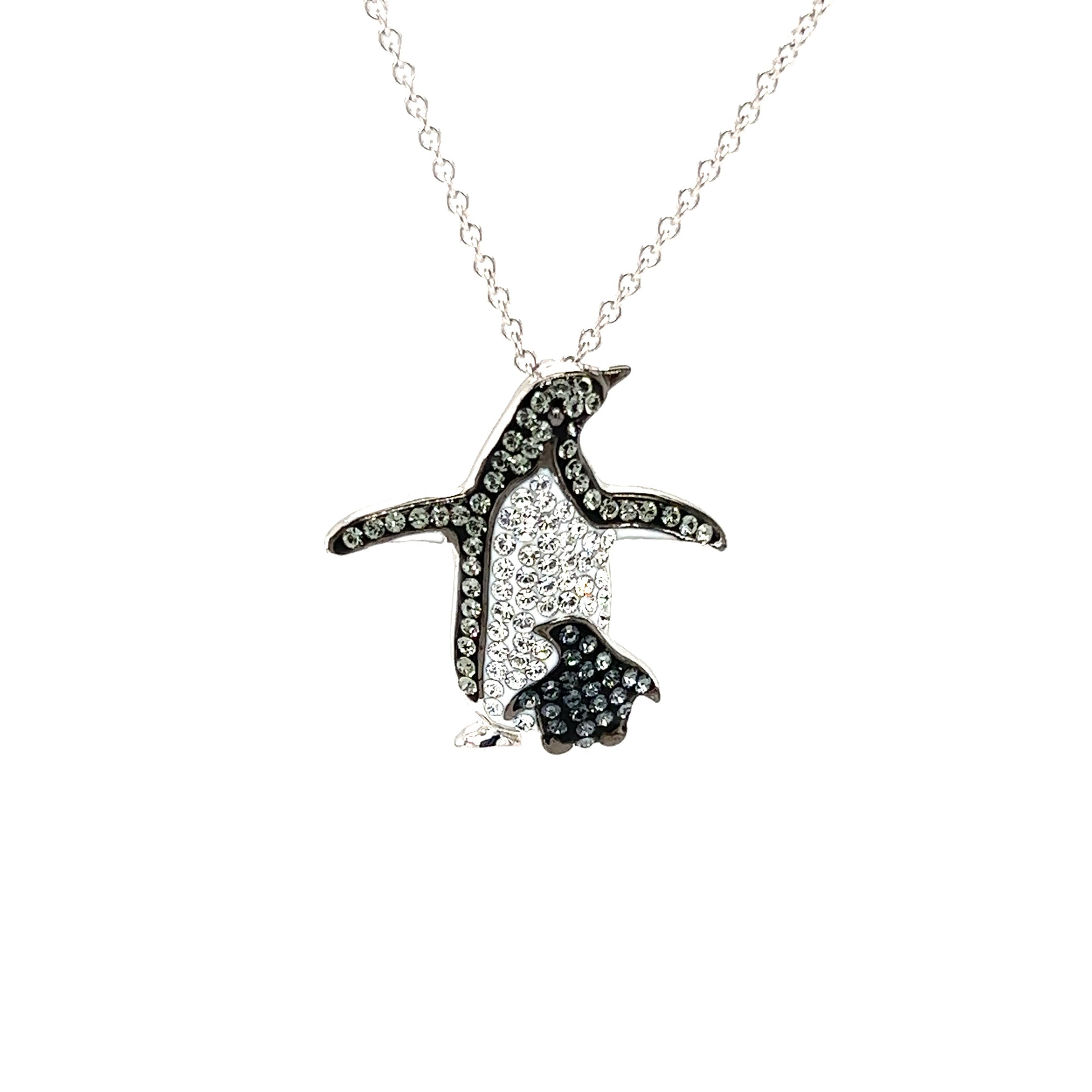 Penguin and Baby Necklace with Crystals in Sterling Silver Pendant Front View