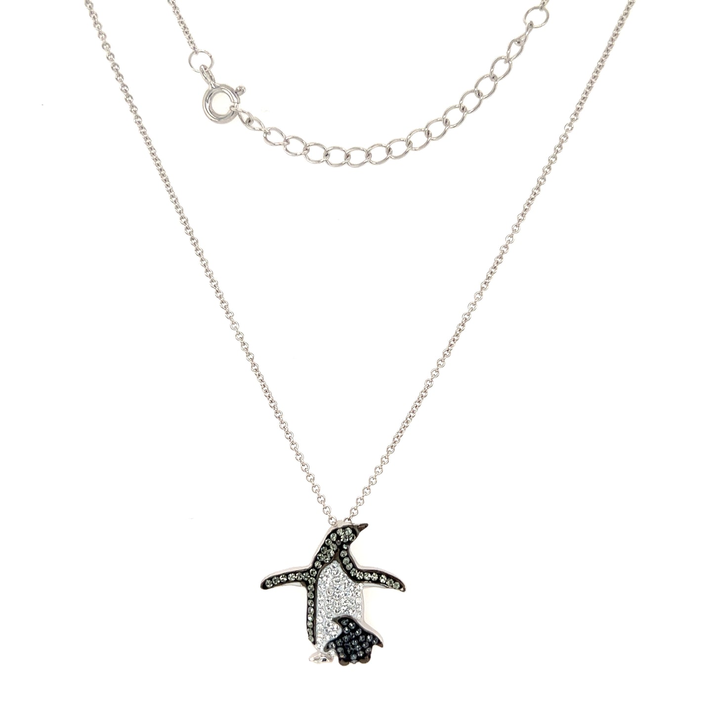 Penguin and Baby Necklace with Crystals in Sterling Silver Full Necklace View