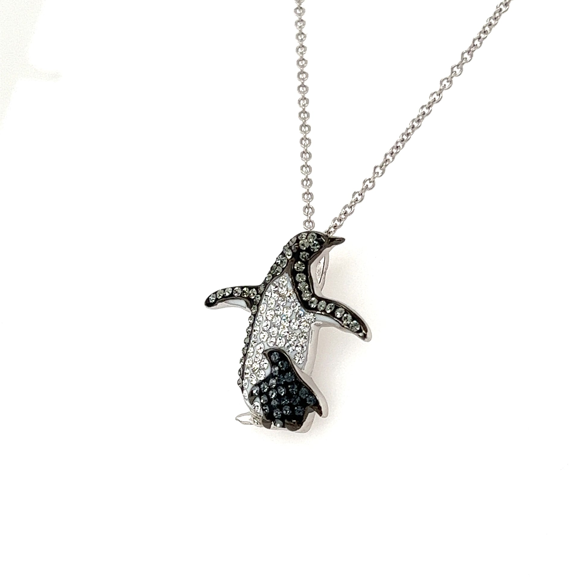 Penguin and Baby Necklace with Crystals in Sterling Silver Right Side View