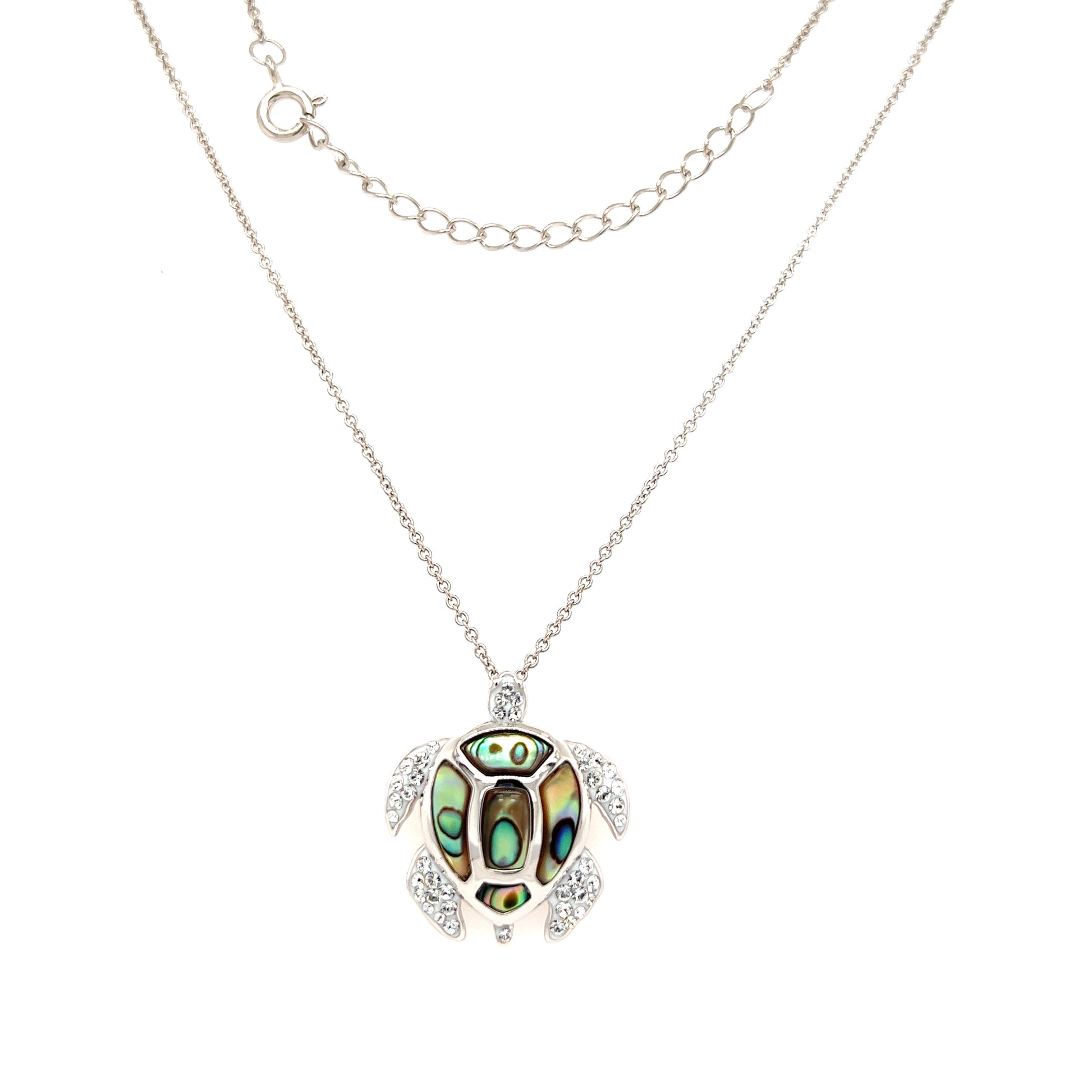 Sea Turtle Necklace with Abalone Shell Accents and White Crystals in Sterling Silver Full Necklace View