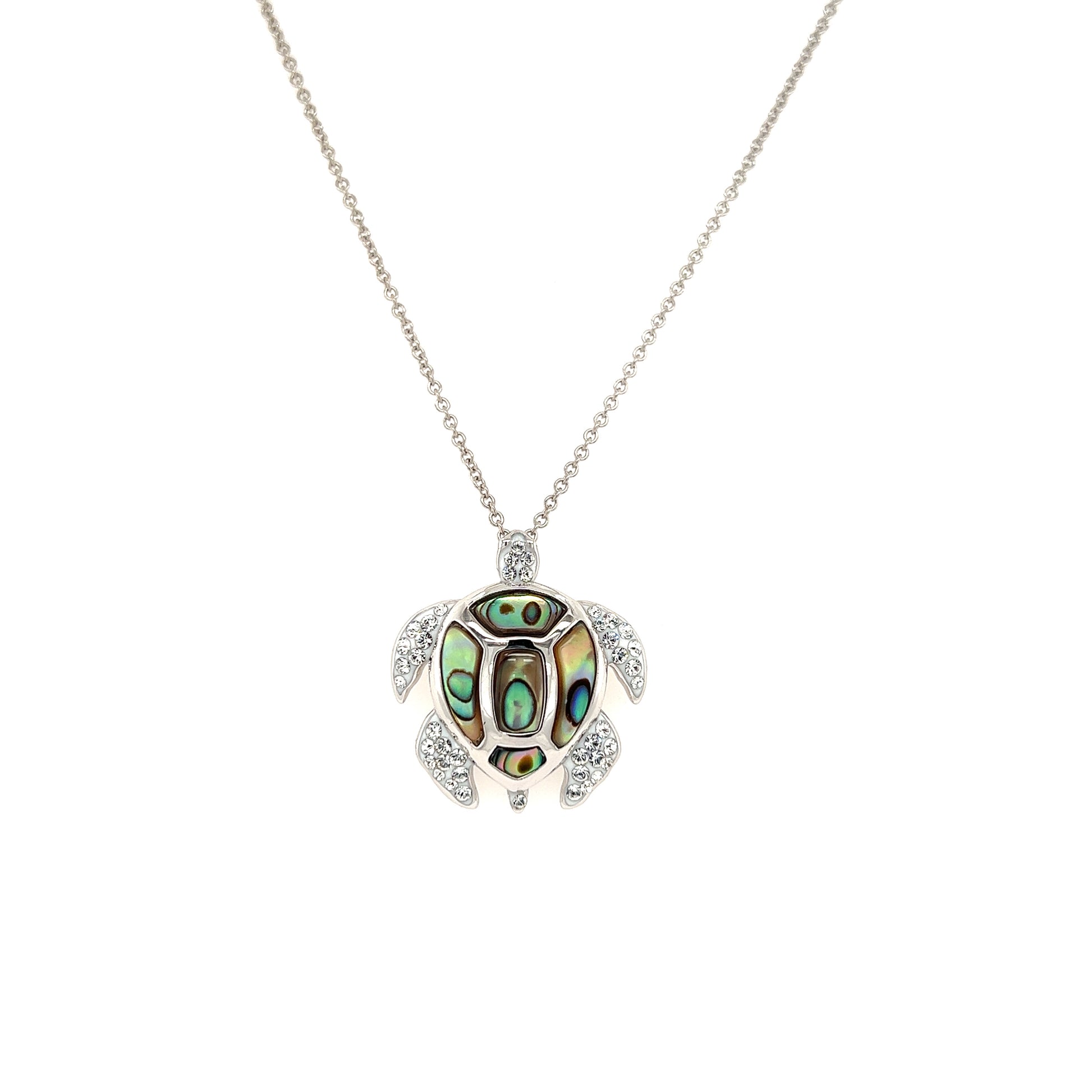 Sea Turtle Necklace with Abalone Shell Accents and White Crystals in Sterling Silver Necklace Front View