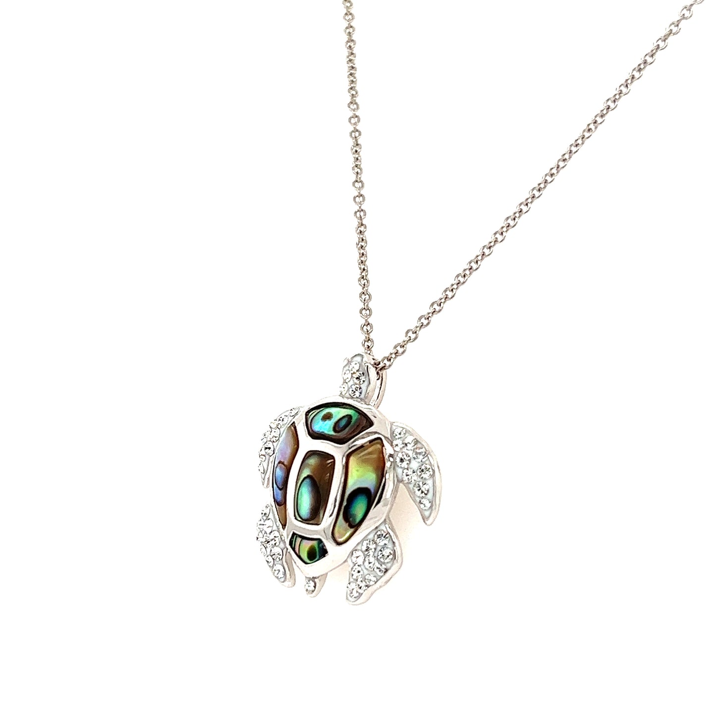 Sea Turtle Necklace with Abalone Shell Accents and White Crystals in Sterling Silver Right Side View