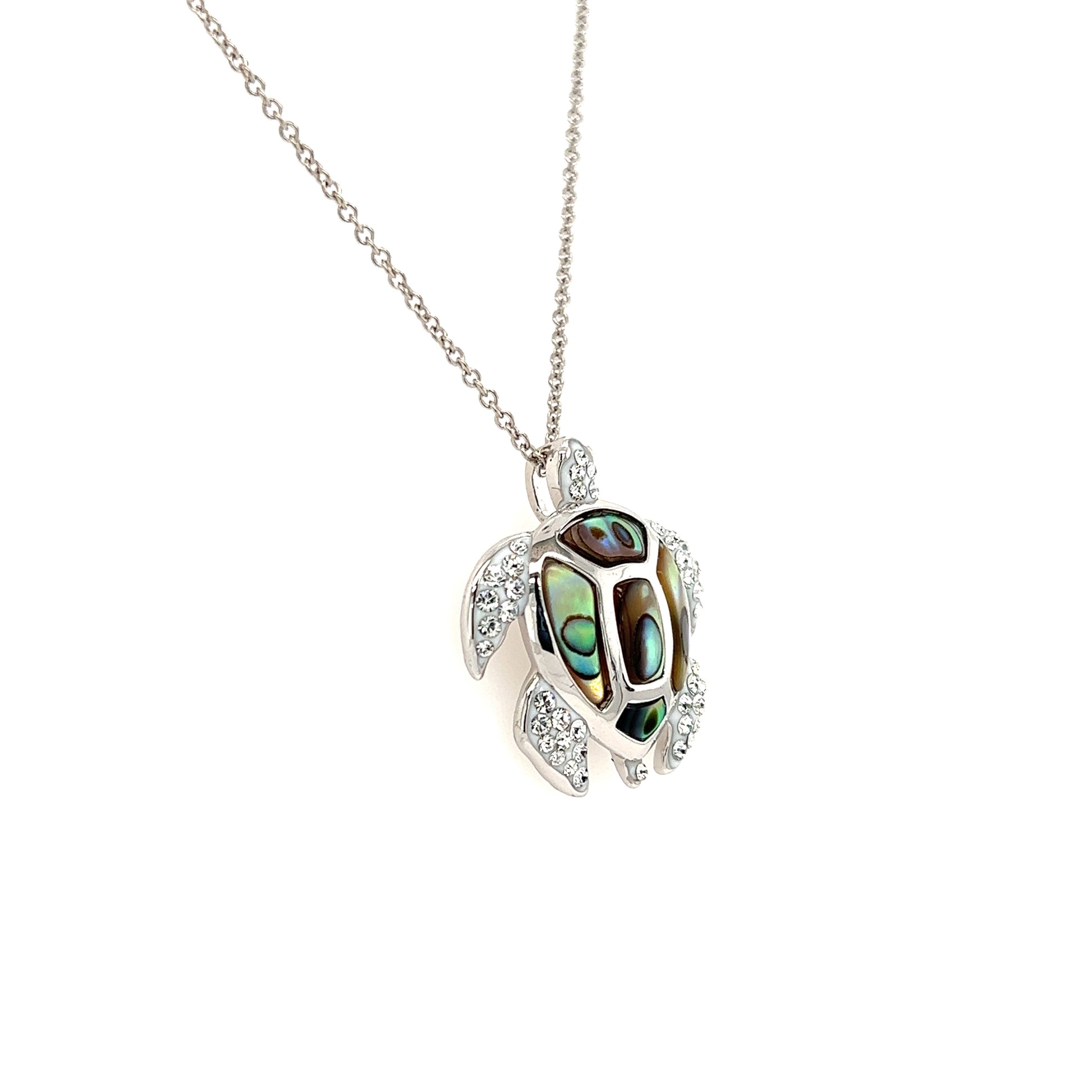 Sea Turtle Necklace with Abalone Shell Accents and White Crystals in Sterling Silver Left Side View