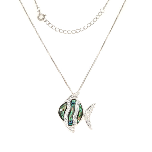 Abalone Shell Fish Necklace with White Crystals in Sterling Silver Full Necklace View