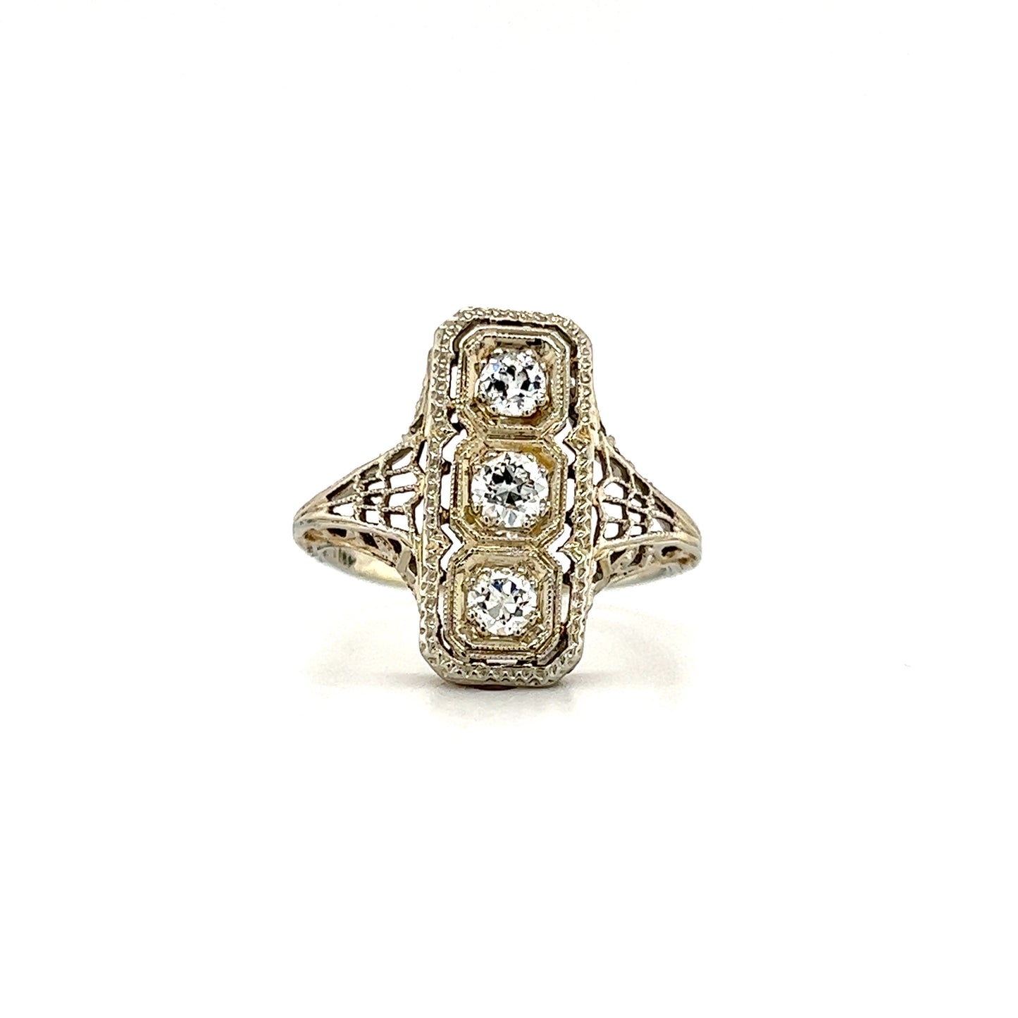 Rectangular Diamond Ring with Filigree and Milgrain in 18K White Gold Front View