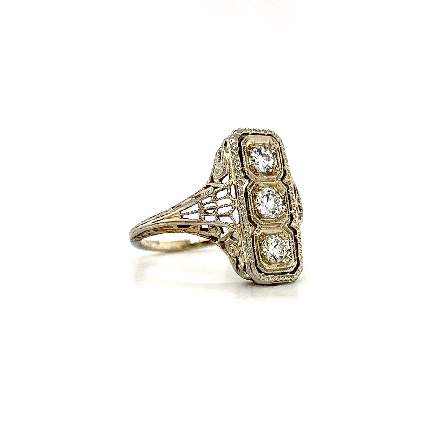 Rectangular Diamond Ring with Filigree and Milgrain in 18K White Gold Left Side View