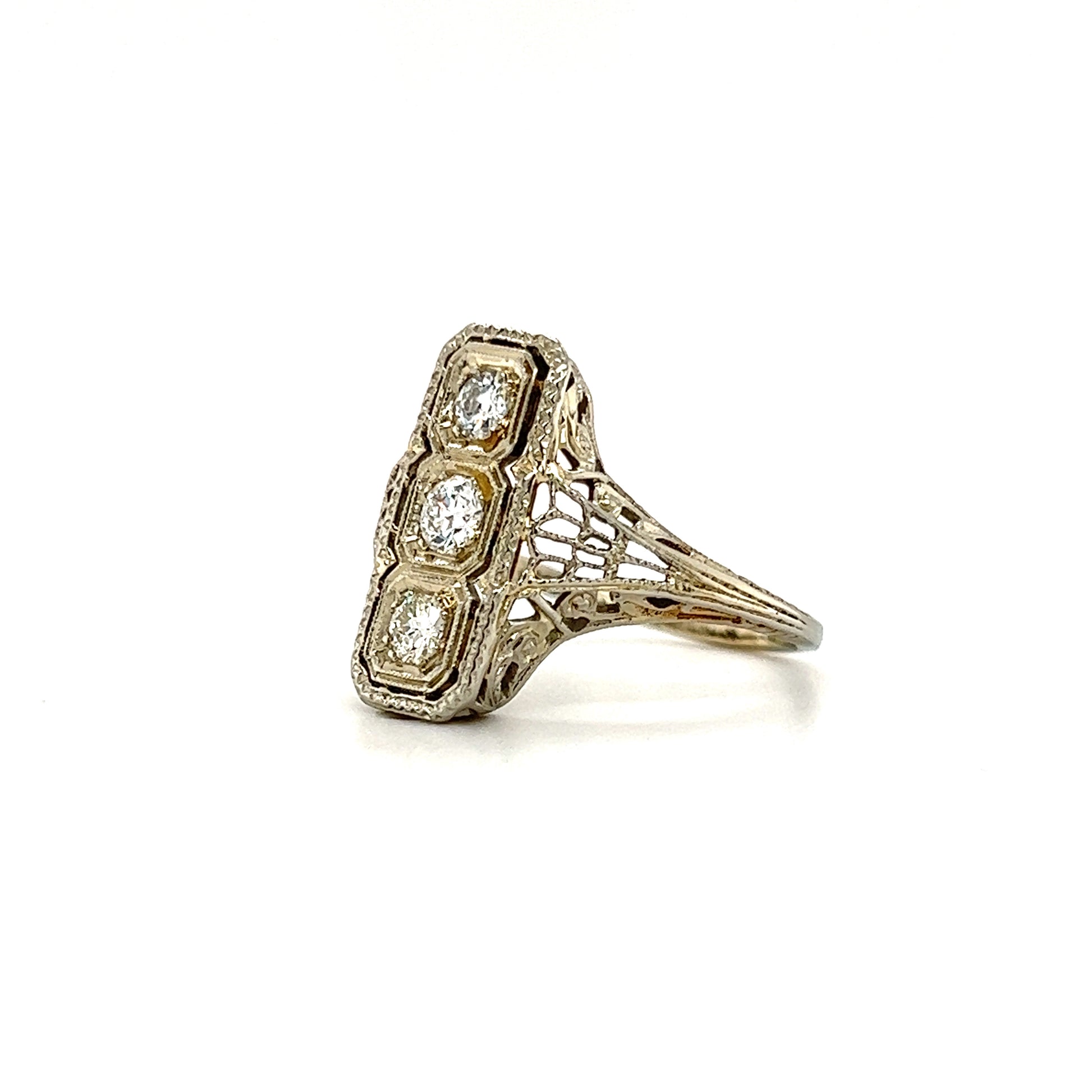 Rectangular Diamond Ring with Filigree and Milgrain in 18K White Gold Right Side View