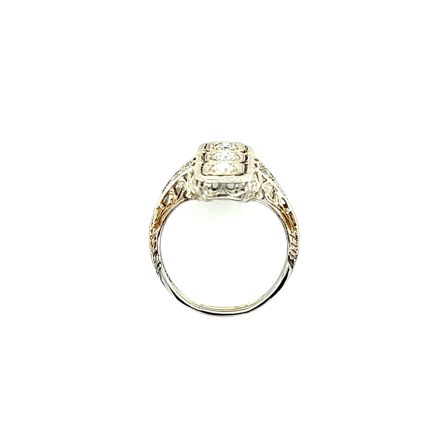 Rectangular Diamond Ring with Filigree and Milgrain in 18K White Gold Top View