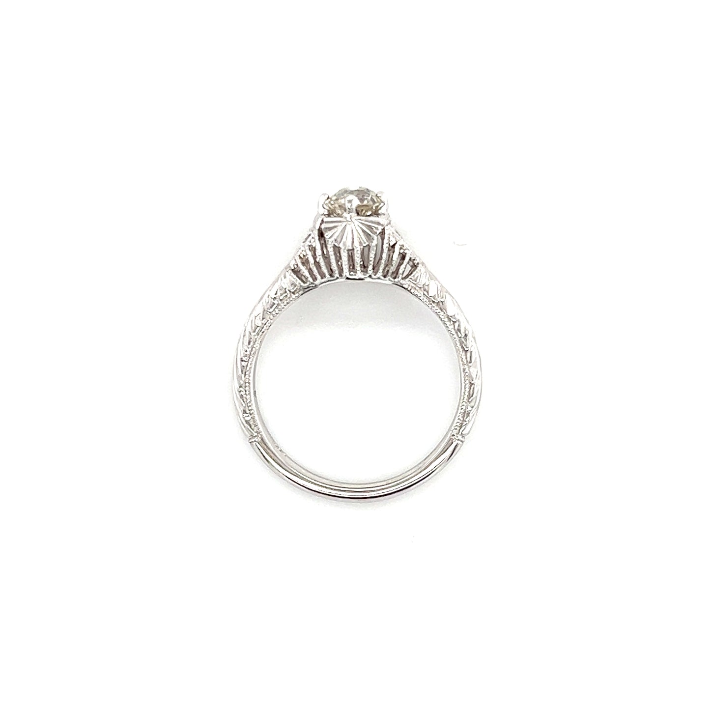 Old Mine-Cut Diamond Ring with Two Side Diamonds in 14K White Gold Top View