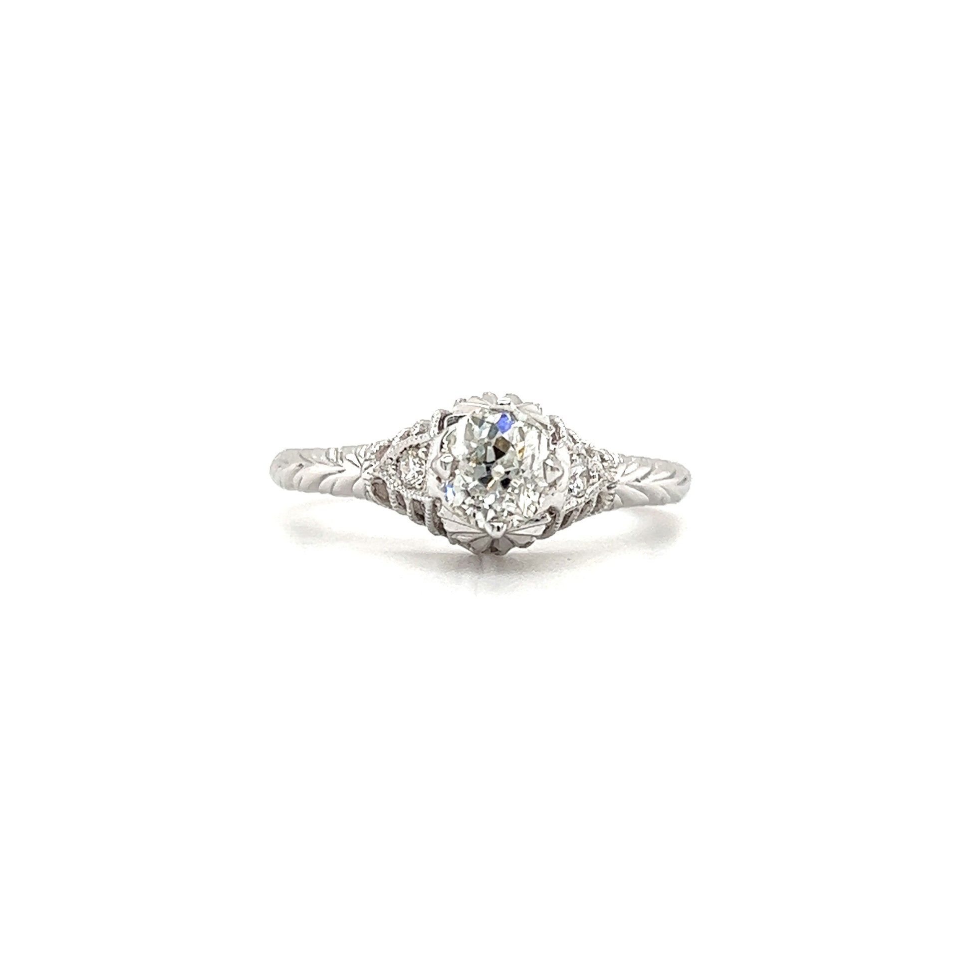 Old Mine-Cut Diamond Ring with Two Side Diamonds in 14K White Gold Front View
