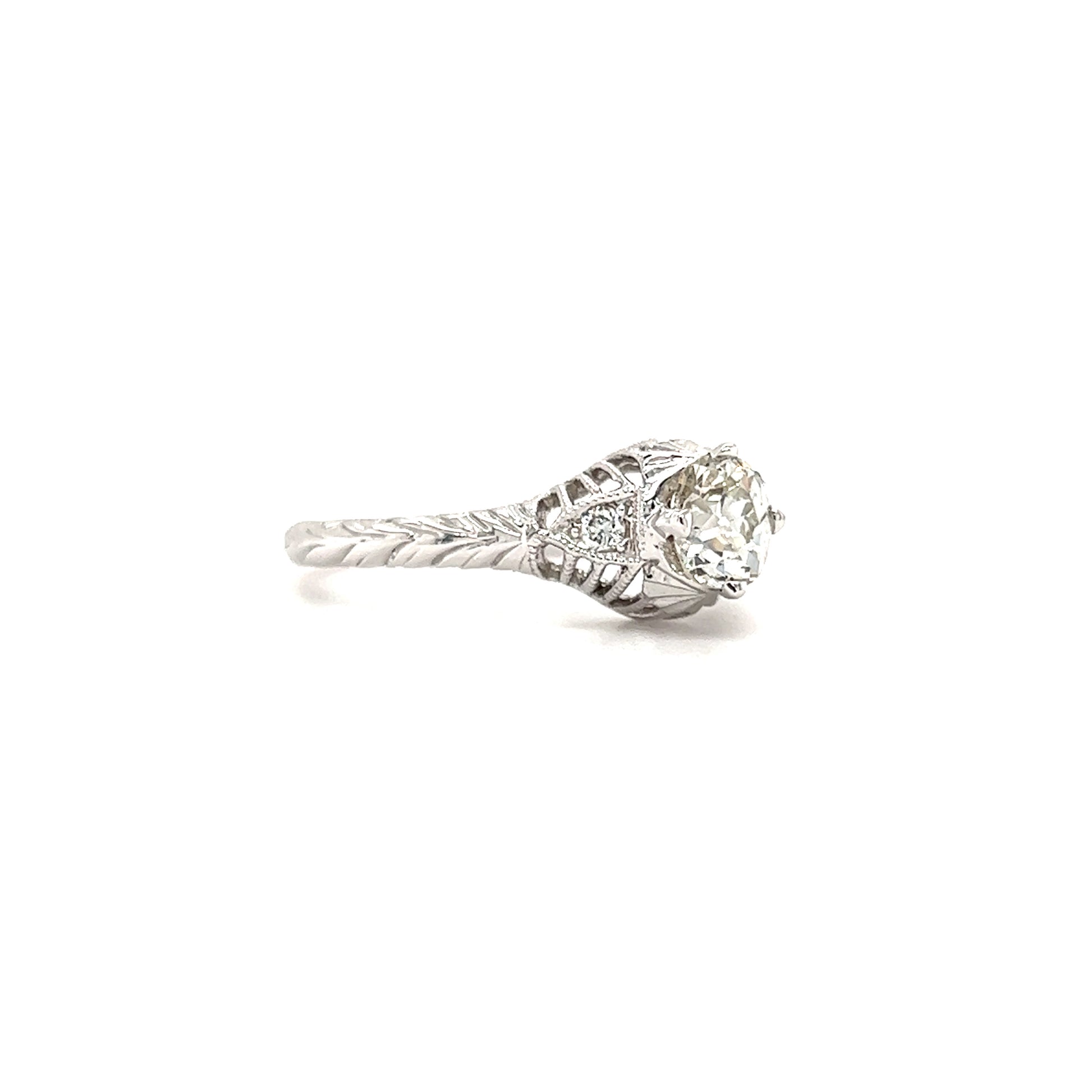 Old Mine-Cut Diamond Ring with Two Side Diamonds in 14K White Gold Left Side View