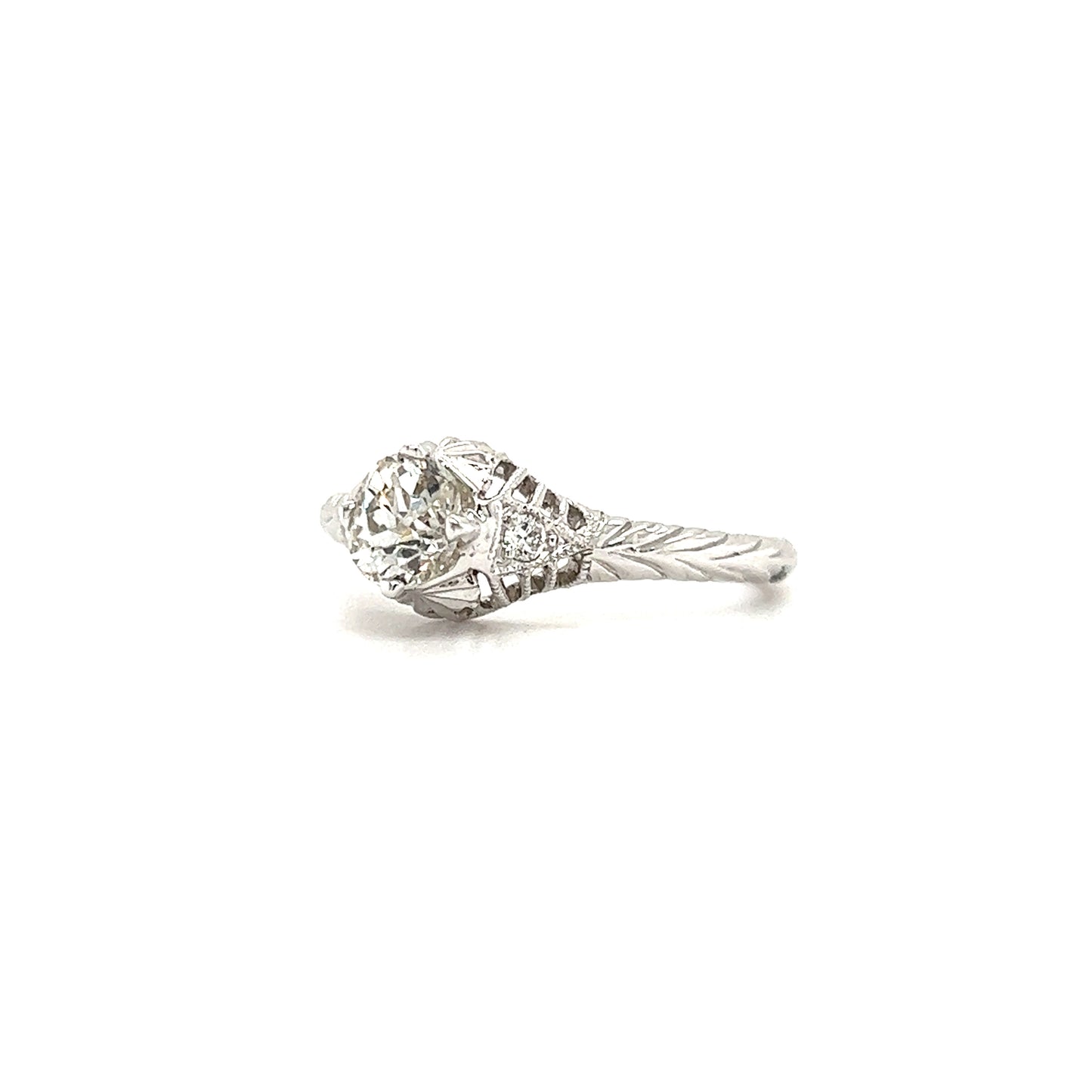 Old Mine-Cut Diamond Ring with Two Side Diamonds in 14K White Gold Right Side View