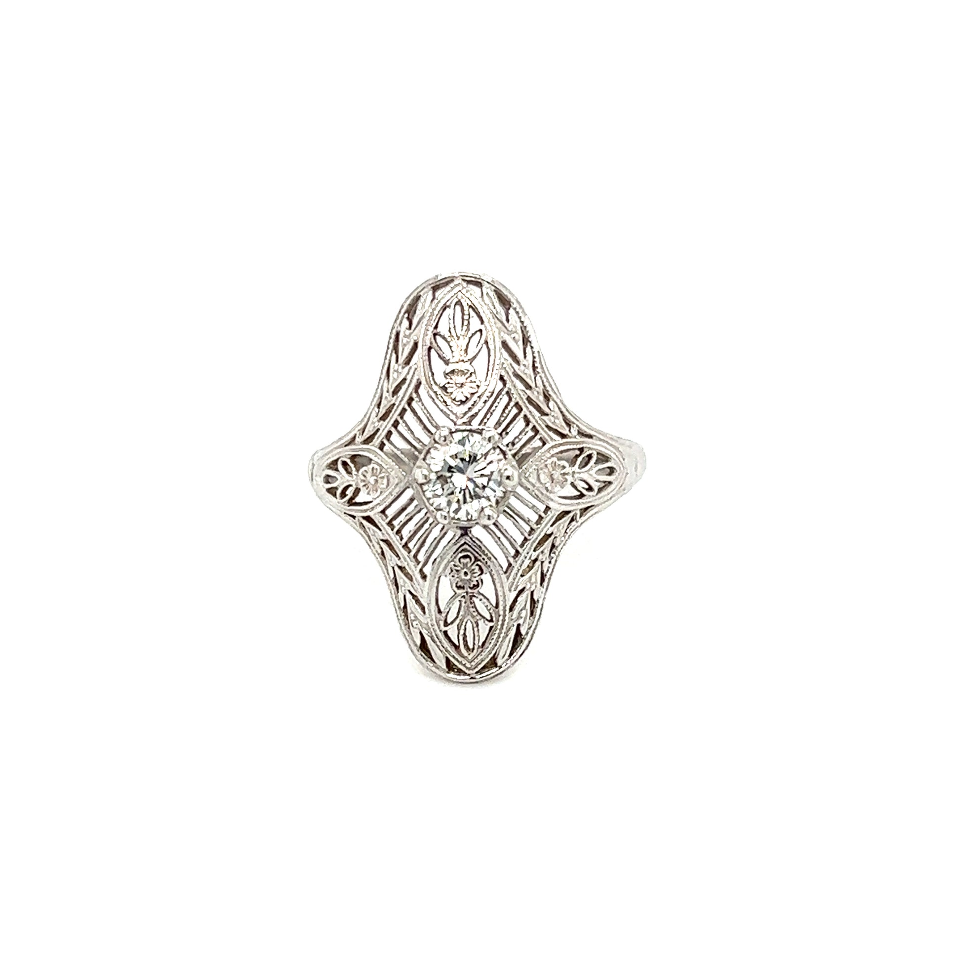 Round Diamond Ring with Filigree in 14K White Gold Front View