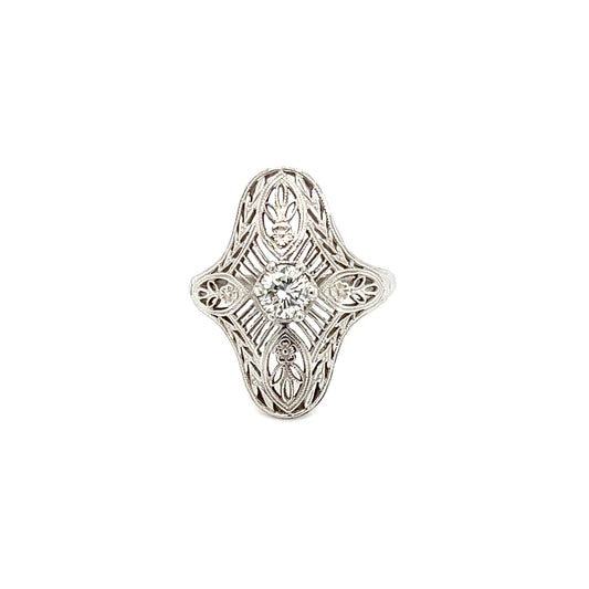 Round Diamond Ring with Filigree in 14K White Gold Front View
