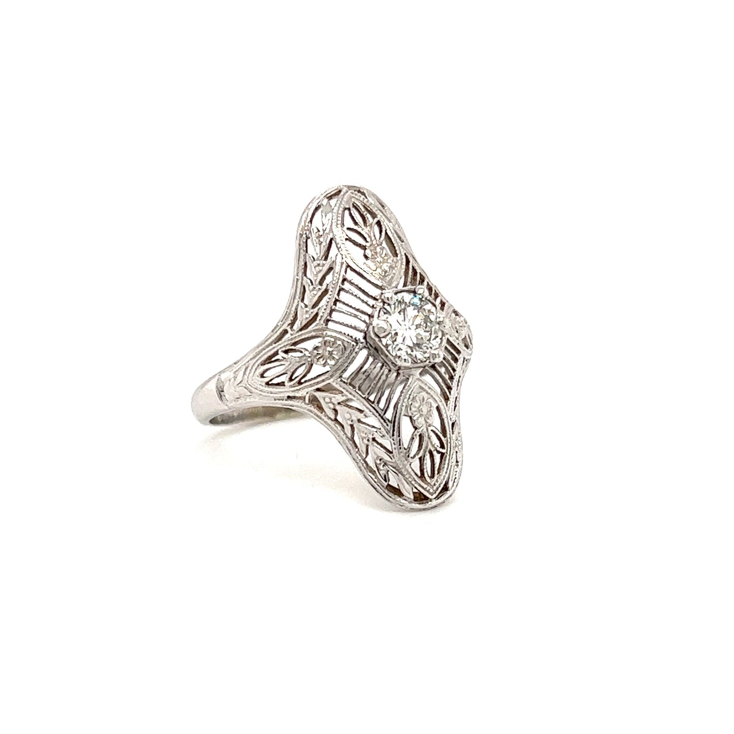 Round Diamond Ring with Filigree in 14K White Gold Left Side View