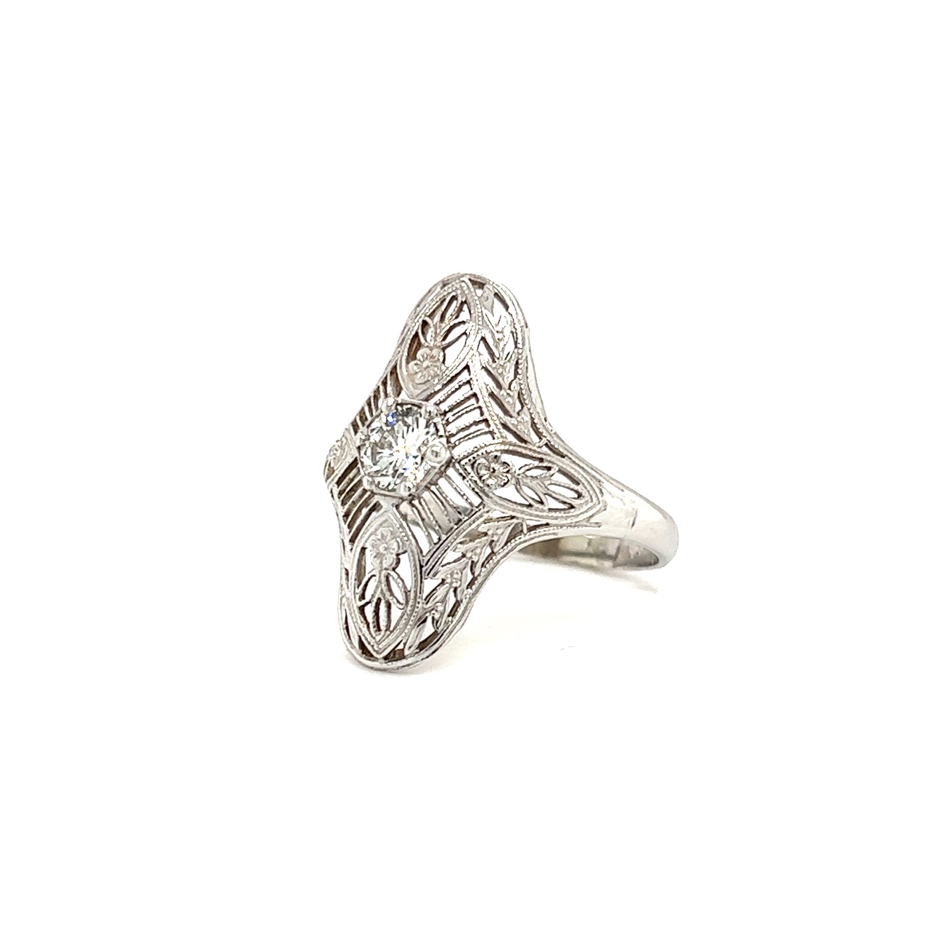 Round Diamond Ring with Filigree in 14K White Gold Right Side View
