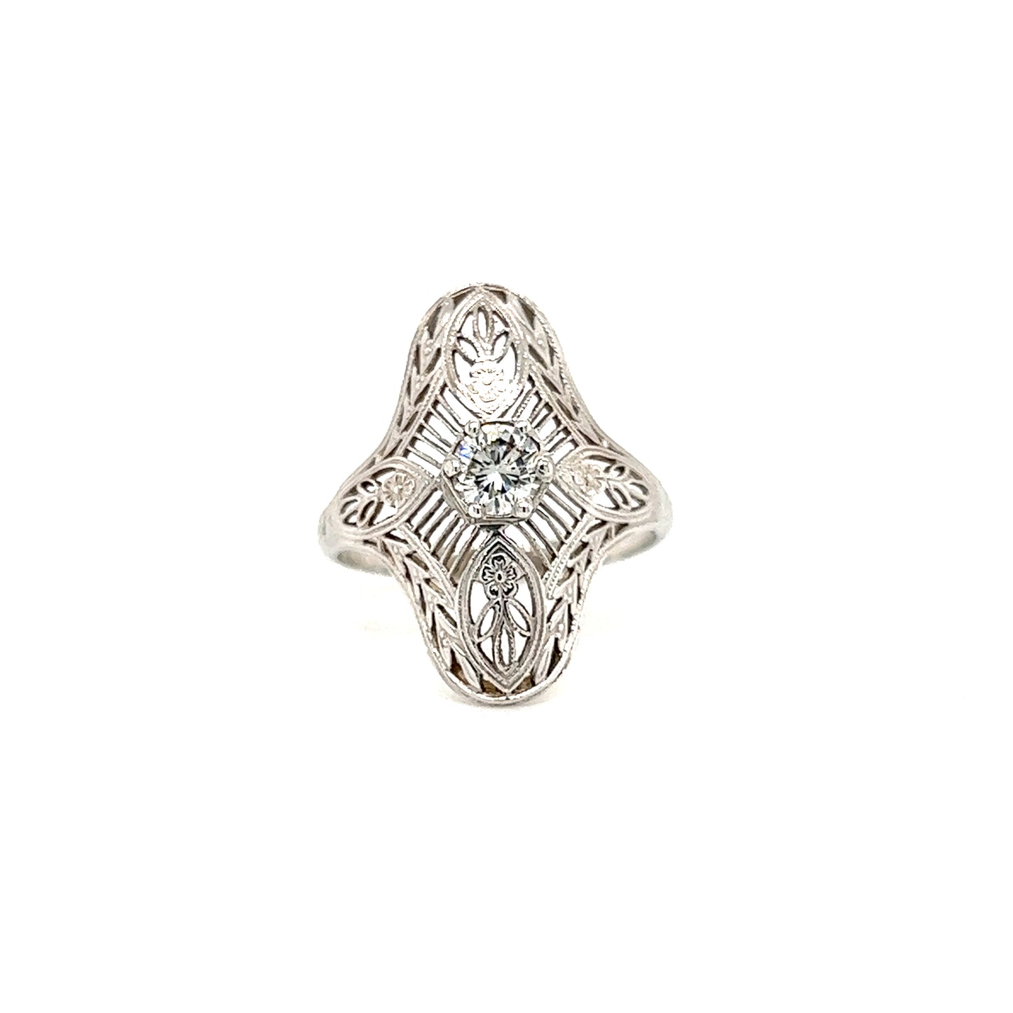 Round Diamond Ring with Filigree in 14K White Gold Front View Alternative