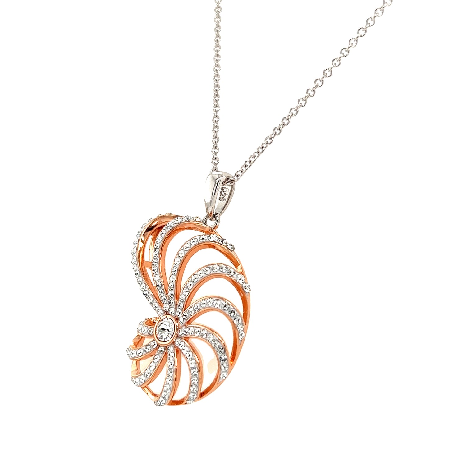 Nautilus Shell Necklace with Rose Gold Plate and White Crystals in Sterling Silver Right Side View