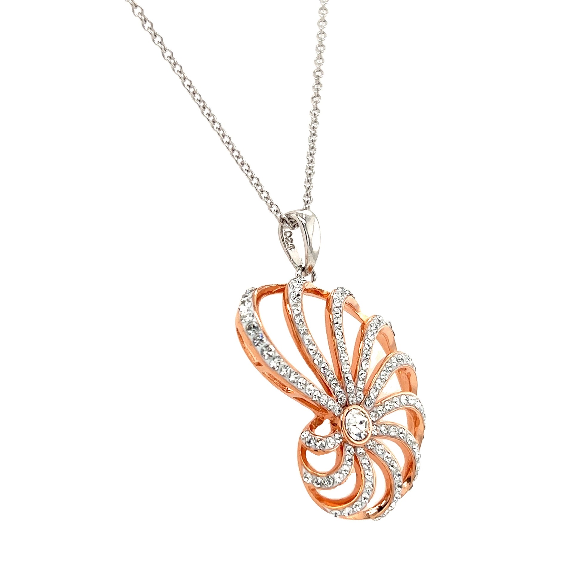 Nautilus Shell Necklace with Rose Gold Plate and White Crystals in Sterling Silver Left Side View