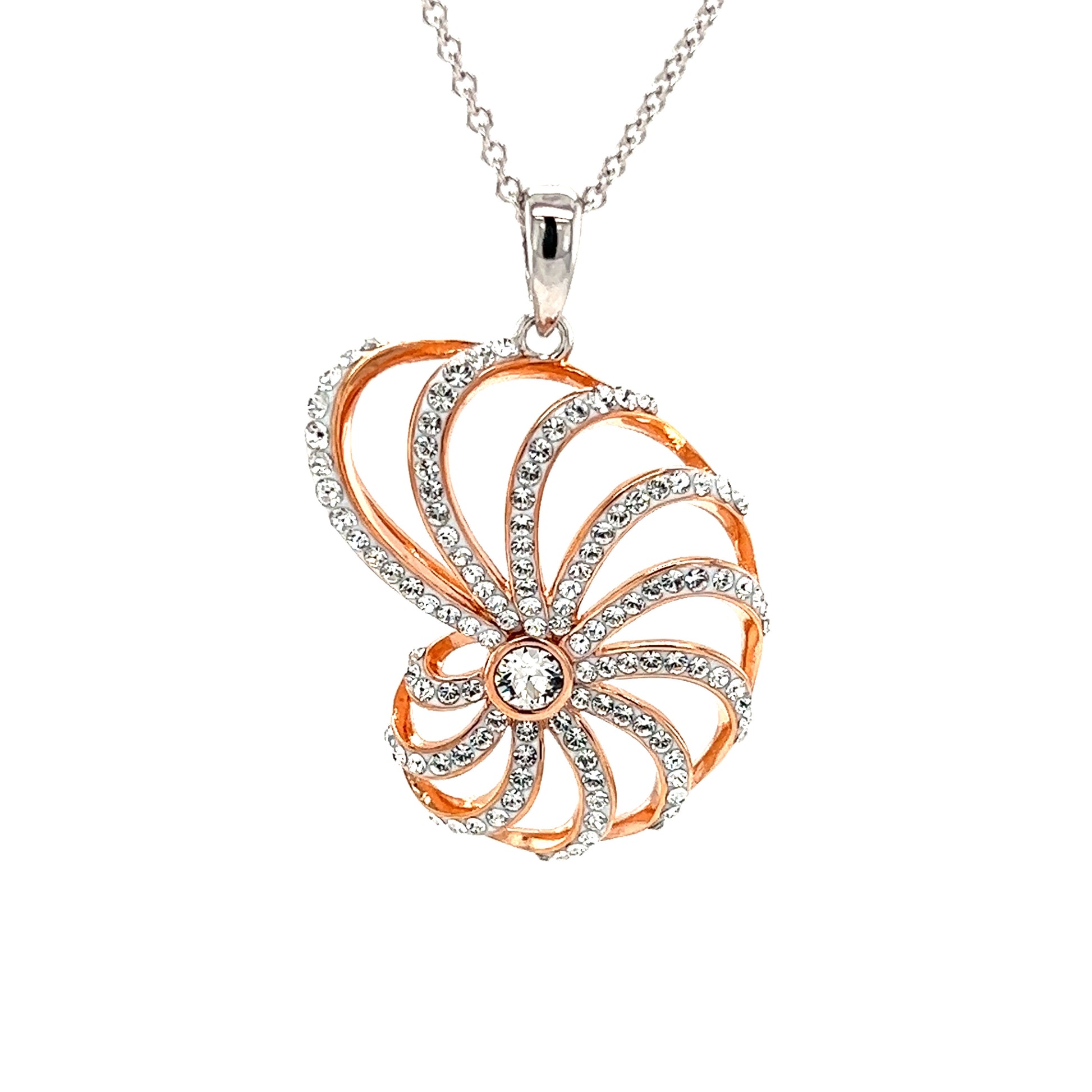 Nautilus Shell Necklace with Rose Gold Plate and White Crystals in Sterling Silver Pendant View