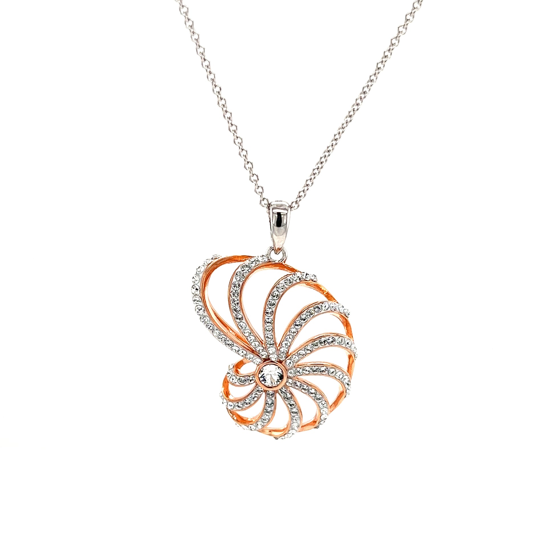 Nautilus Shell Necklace with Rose Gold Plate and White Crystals in Sterling Silver Front View