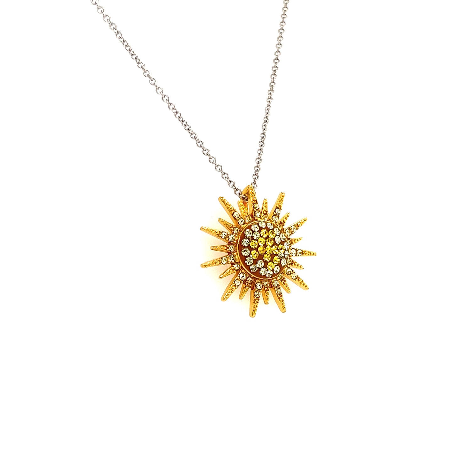 Sunburst Necklace With Yellow and White Crystals in Sterling Silver Left Side View