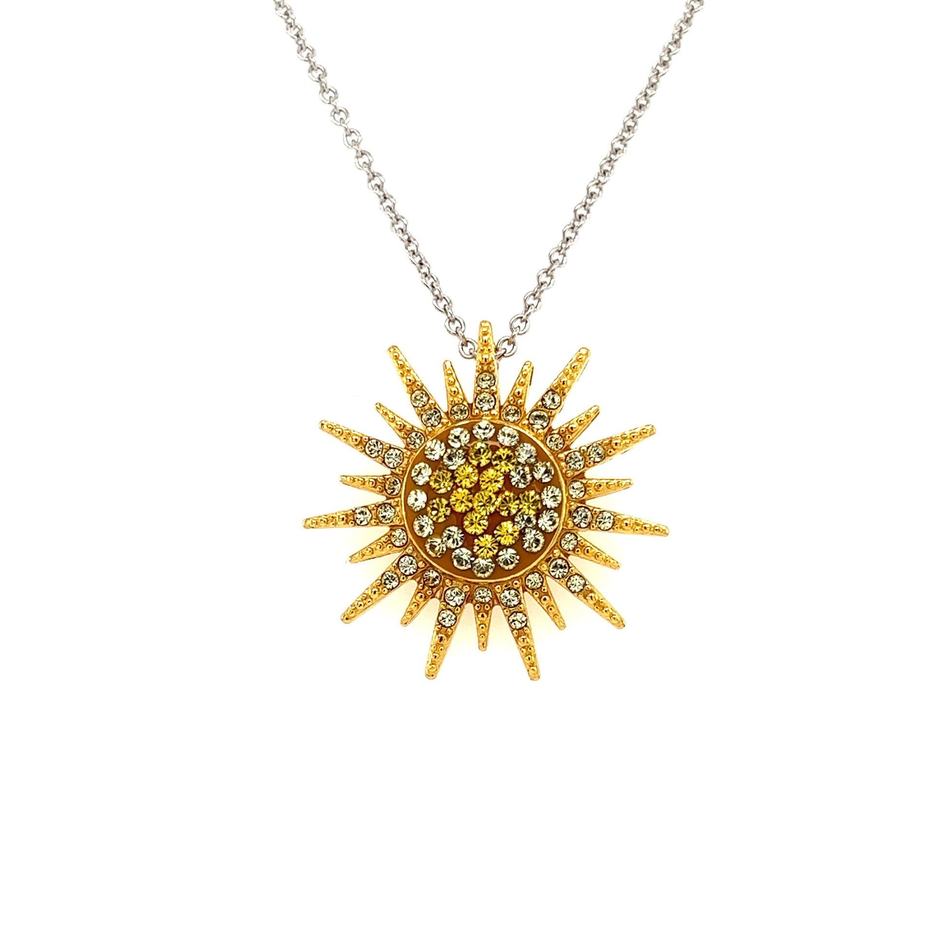Sunburst Necklace With Yellow and White Crystals in Sterling Silver Pendant View