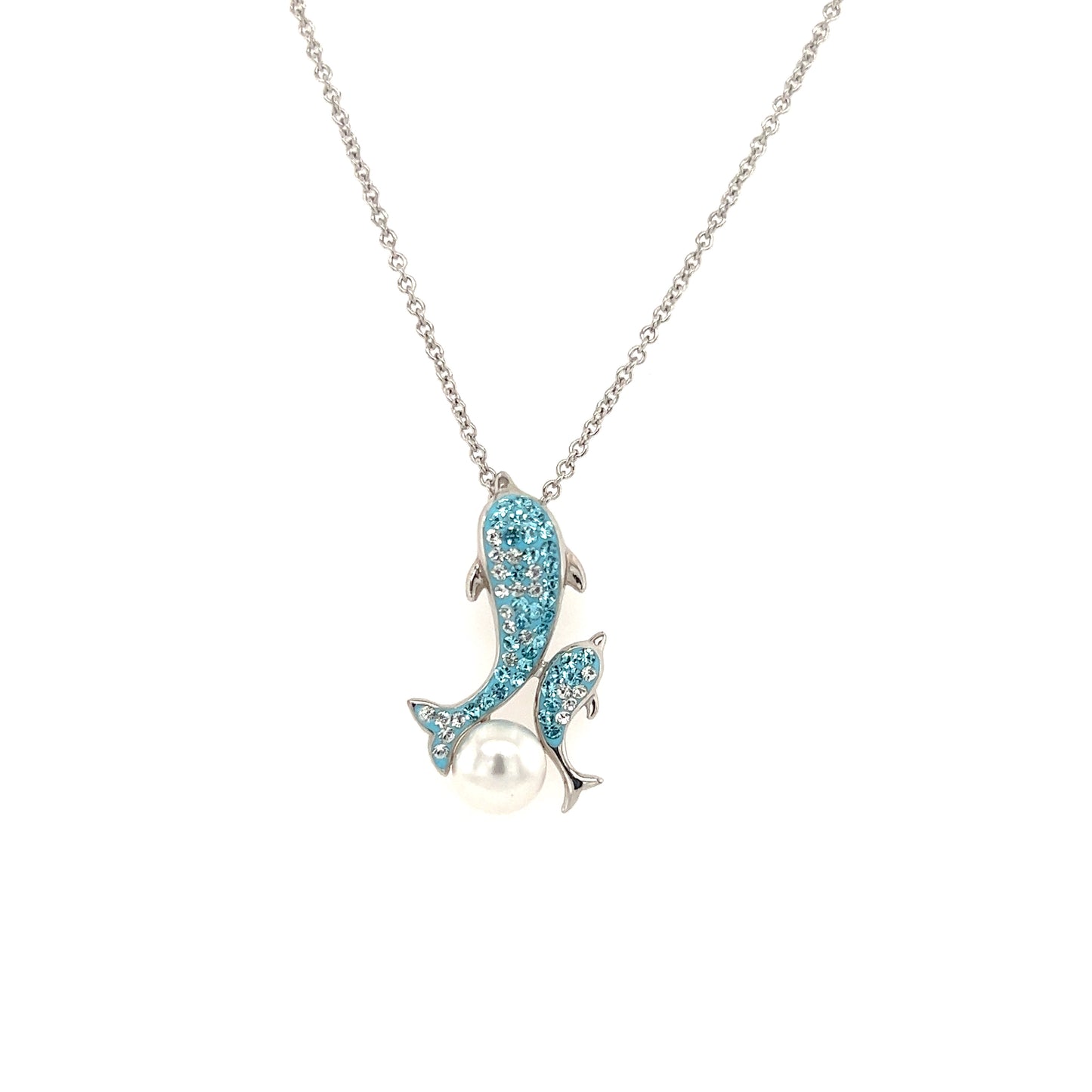 Blue Dolphins Necklace with White Pearl and Crystals in Sterling Silver Front View