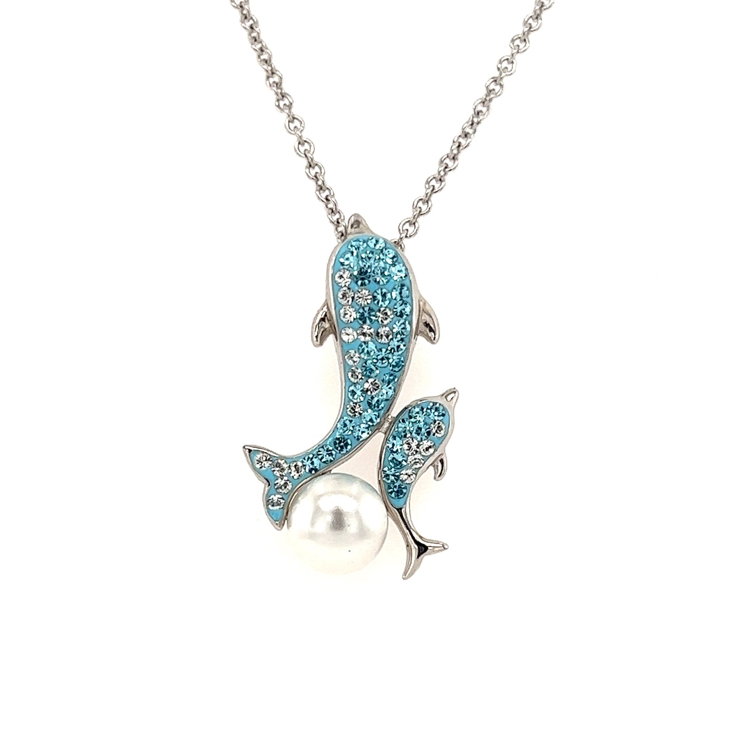 Blue Dolphins Necklace with White Pearl and Crystals in Sterling Silver Pendant View