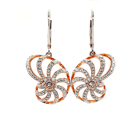 Nautilus Shell Dangle Earrings with Rose Gold Plate and White Crystals in Sterling Silver Front View
