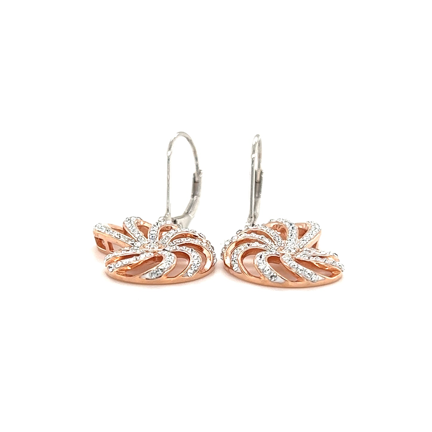Nautilus Shell Dangle Earrings with Rose Gold Plate and White Crystals in Sterling Silver Flat Front View