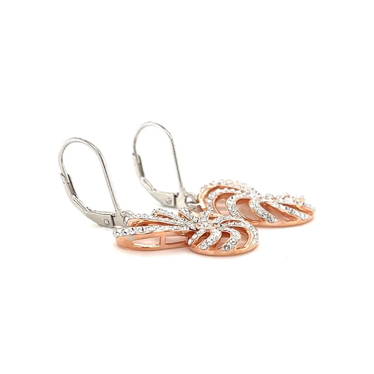 Nautilus Shell Dangle Earrings with Rose Gold Plate and White Crystals in Sterling Silver Flat Left Side View