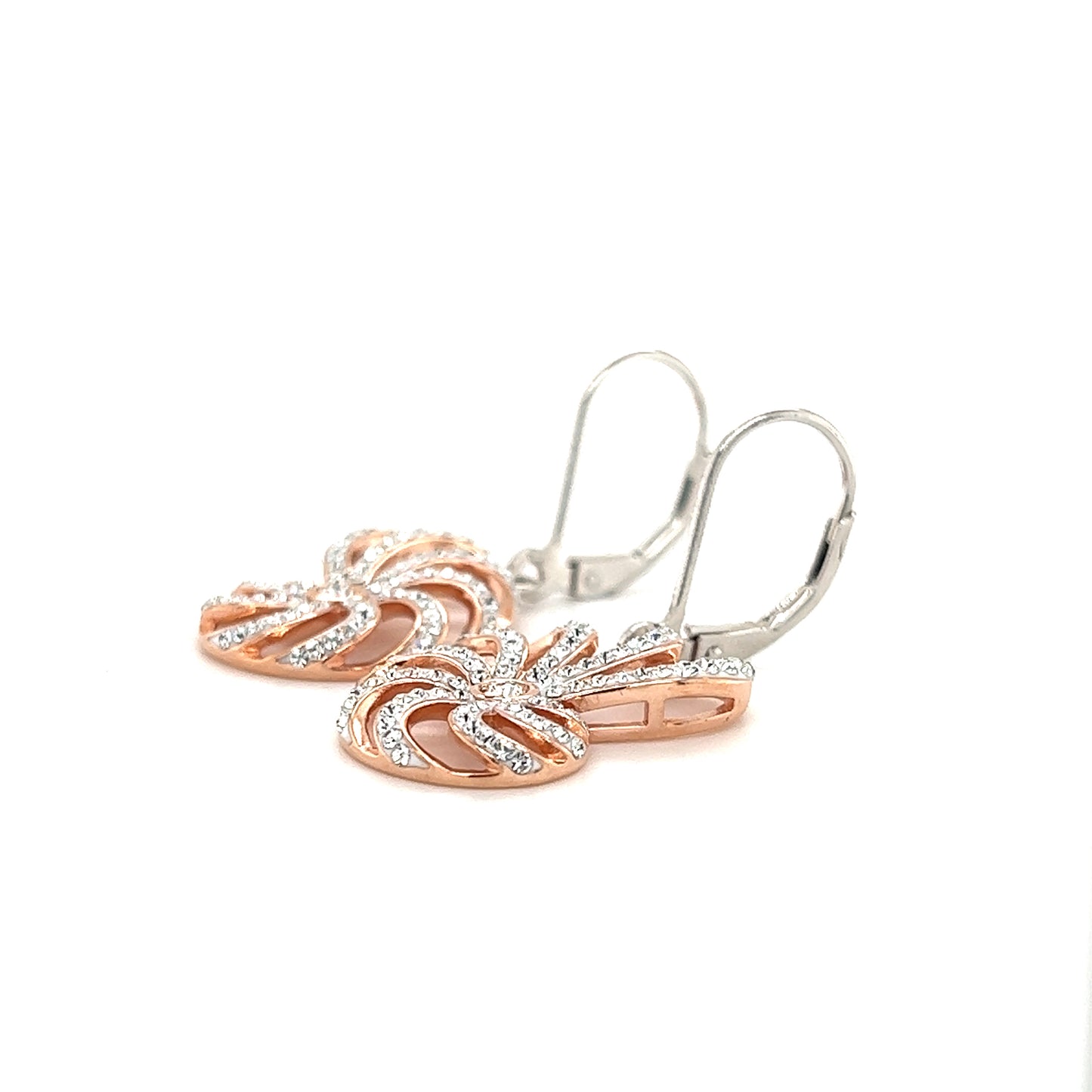 Nautilus Shell Dangle Earrings with Rose Gold Plate and White Crystals in Sterling Silver Flat Right Side View