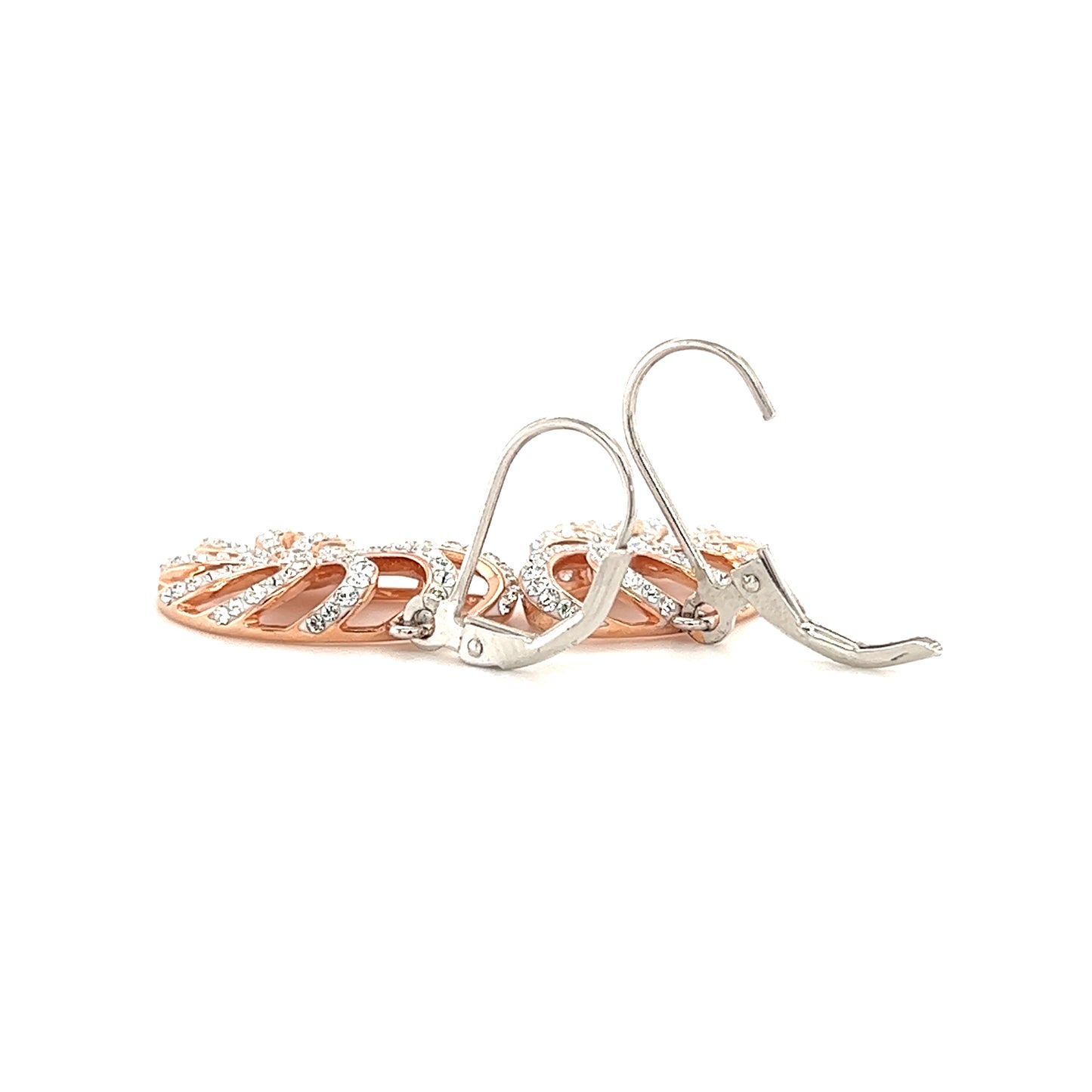 Nautilus Shell Dangle Earrings with Rose Gold Plate and White Crystals in Sterling Silver Lever Backs View