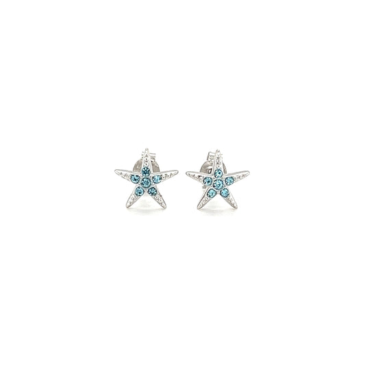 Starfish Stud Earrings with Aqua Crystals in Sterling Silver Front View