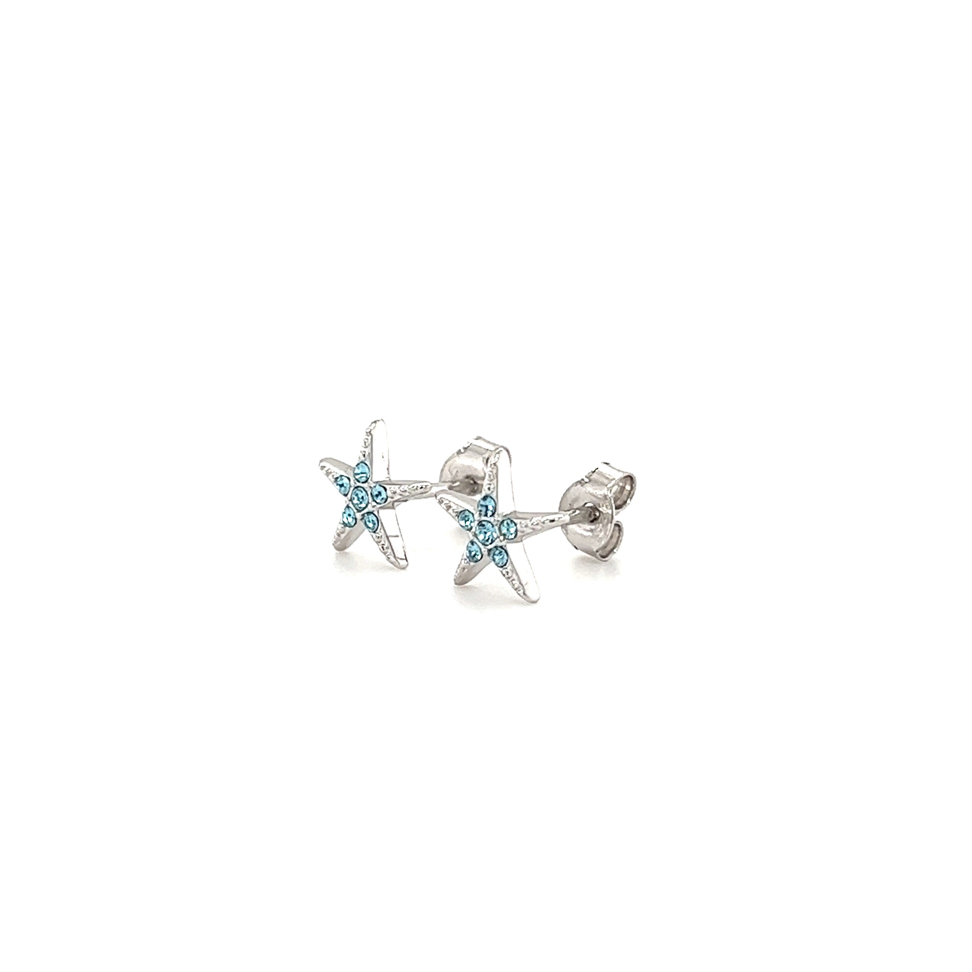 Starfish Stud Earrings with Aqua Crystals in Sterling Silver Right Side View