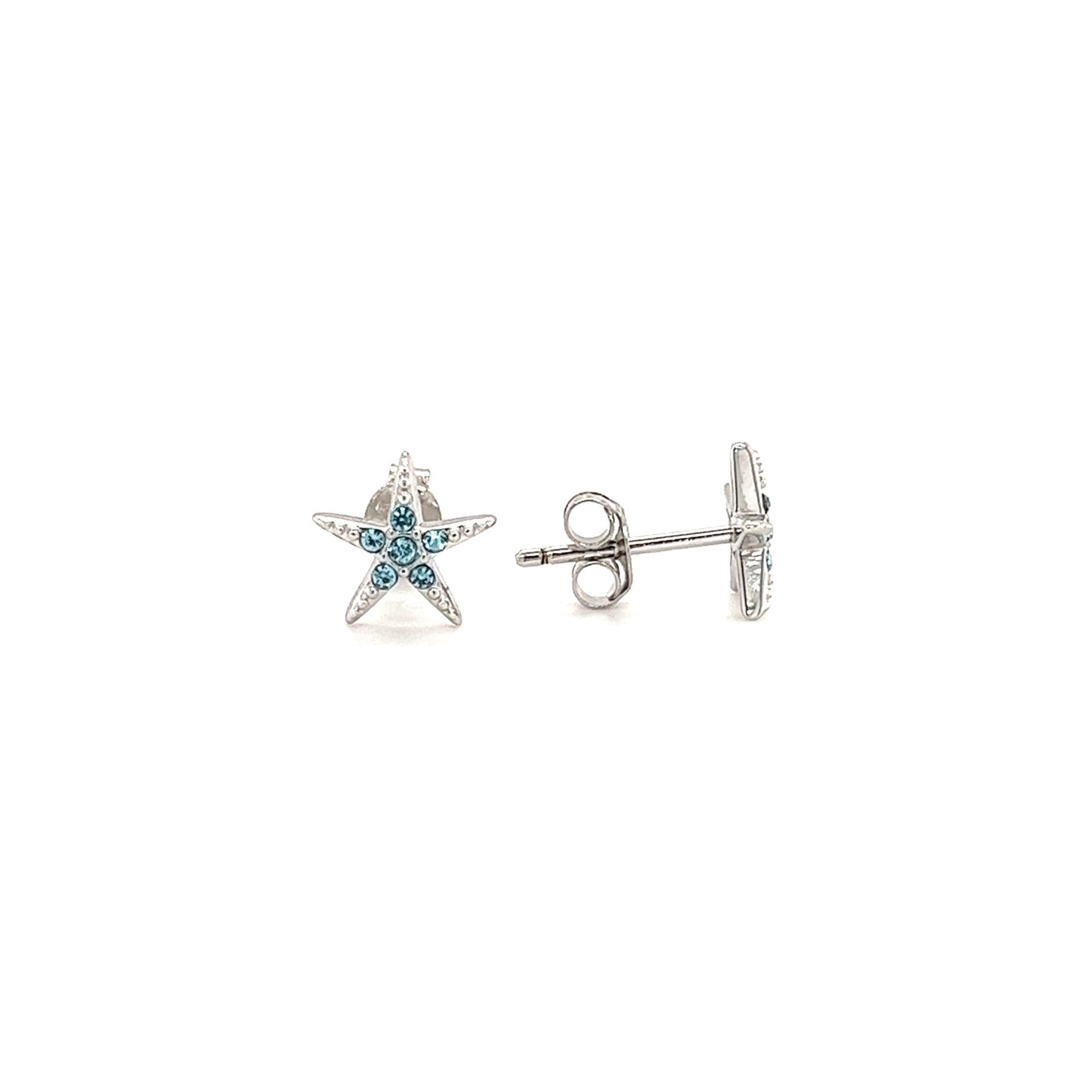 Starfish Stud Earrings with Aqua Crystals in Sterling Silver Front and Side View