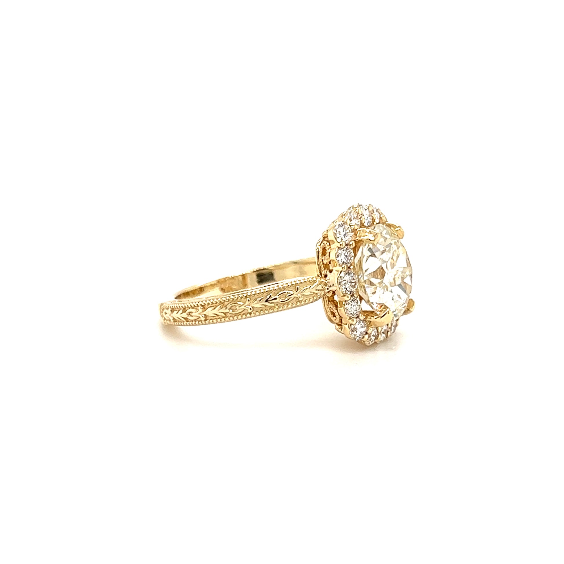 Round Diamond 2.68ct Ring with Diamond Halo in 18K and 14K Yellow Gold Left Side View
