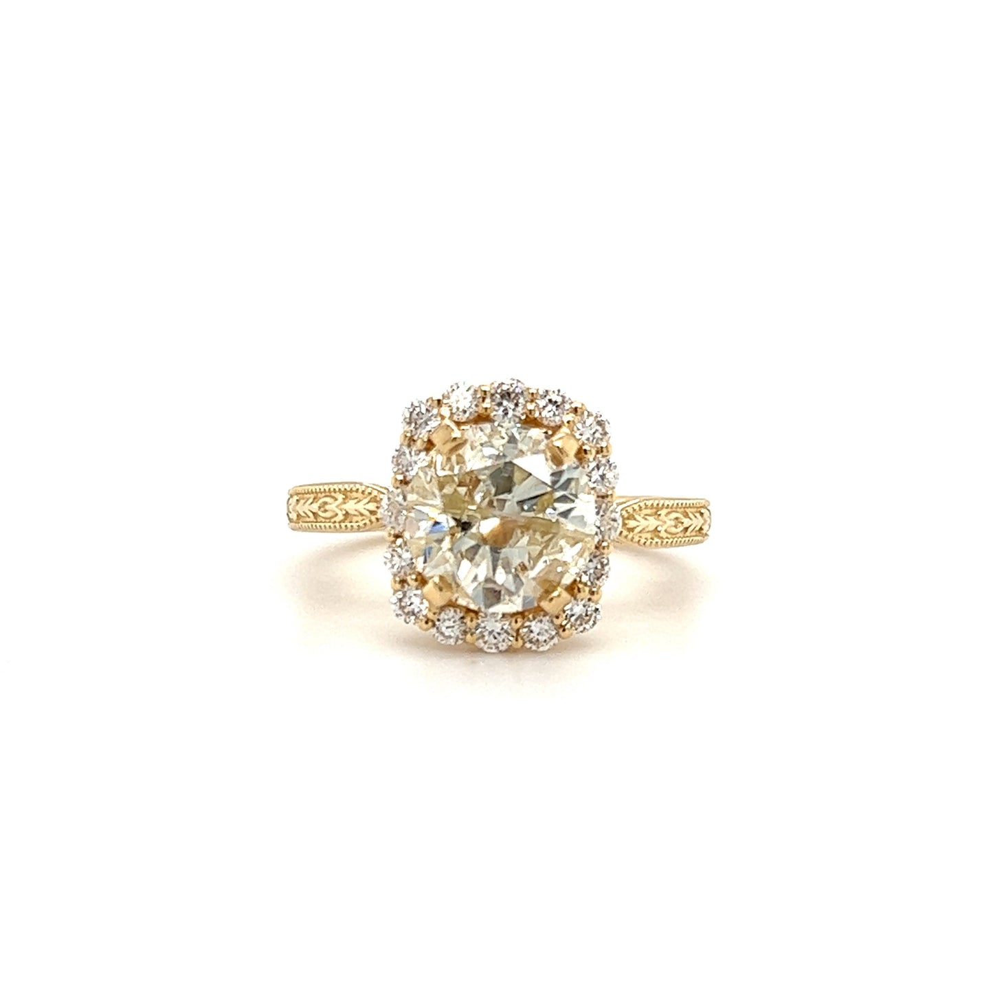 Round Diamond 2.68ct Ring with Diamond Halo in 18K and 14K Yellow Gold Front View