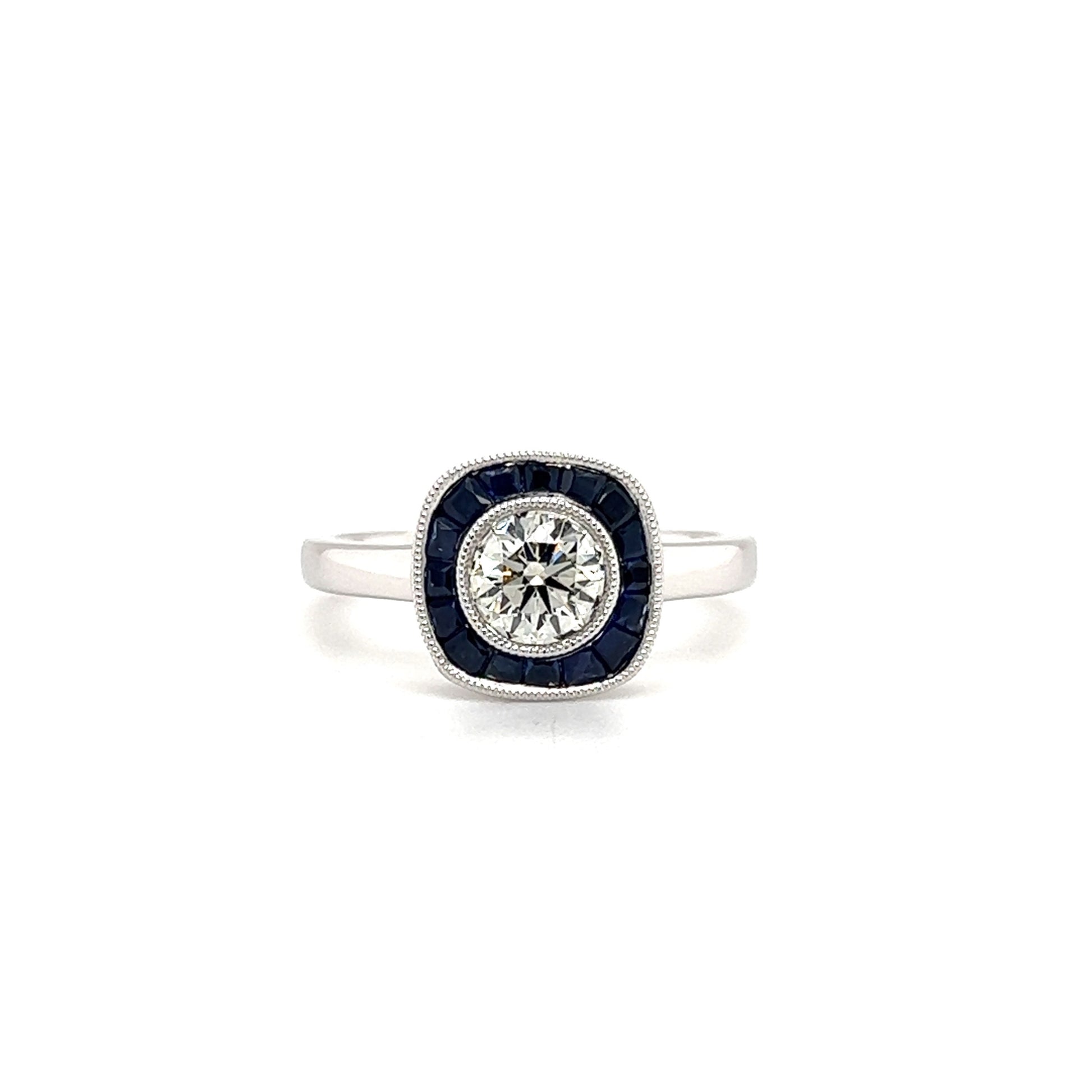 Brilliant Diamond Ring with Sapphire Halo in 18K White Gold Front View